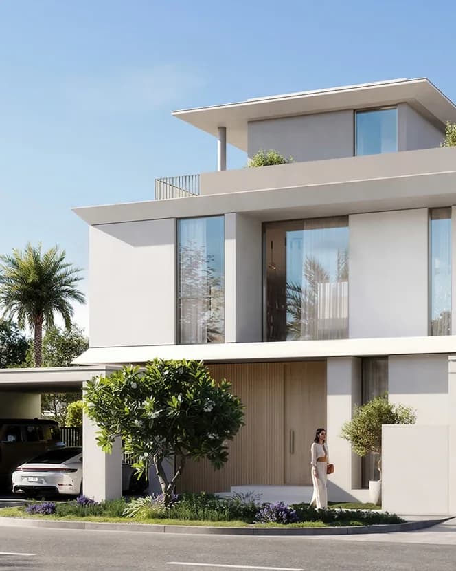 Contemporary villa frontage with covered parking and palm landscaping; official developer rendering