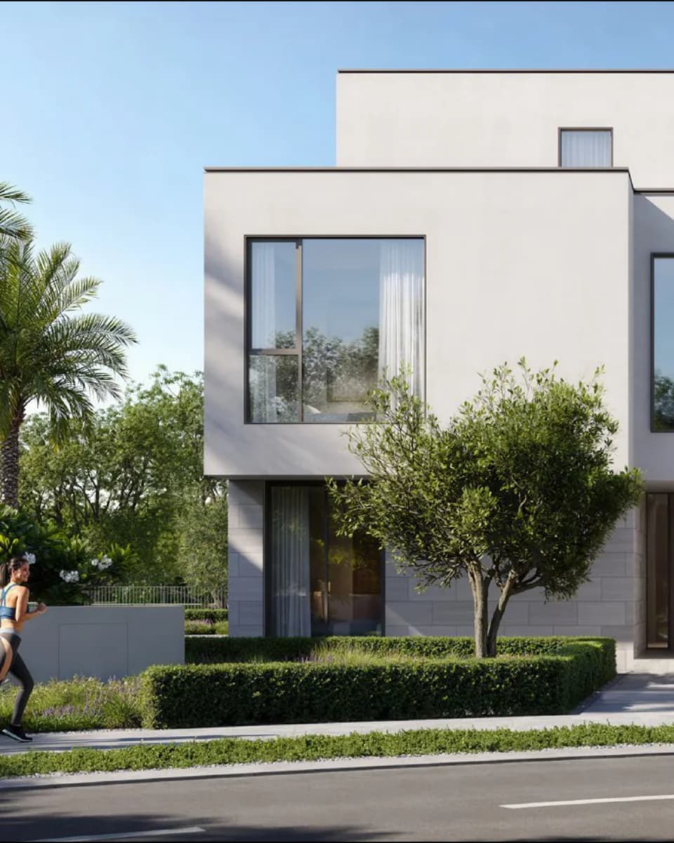 The Oasis: contemporary villa with a front garden and palm trees — rendering