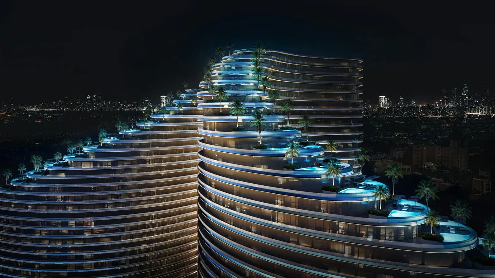 Binghatti Skyflame: Illuminated curved terraces at night (developer rendering)