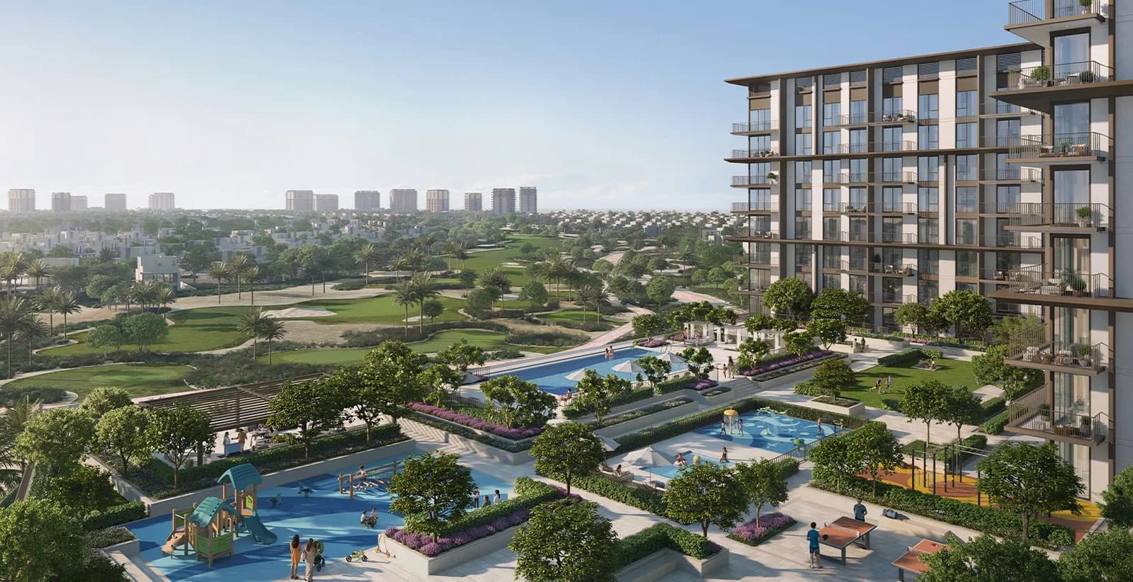 Golf Trails: residential buildings and pools beside the golf landscape (developer rendering)