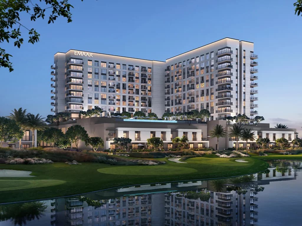 Golf Vale: residential facade beside a landscaped water edge (developer rendering)