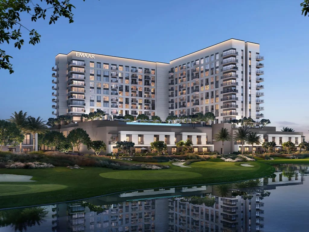 Golf Vale: residential facade beside a landscaped water edge (developer rendering)