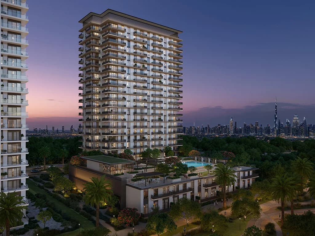 Greencrest: residential tower and podium at dusk (developer rendering)