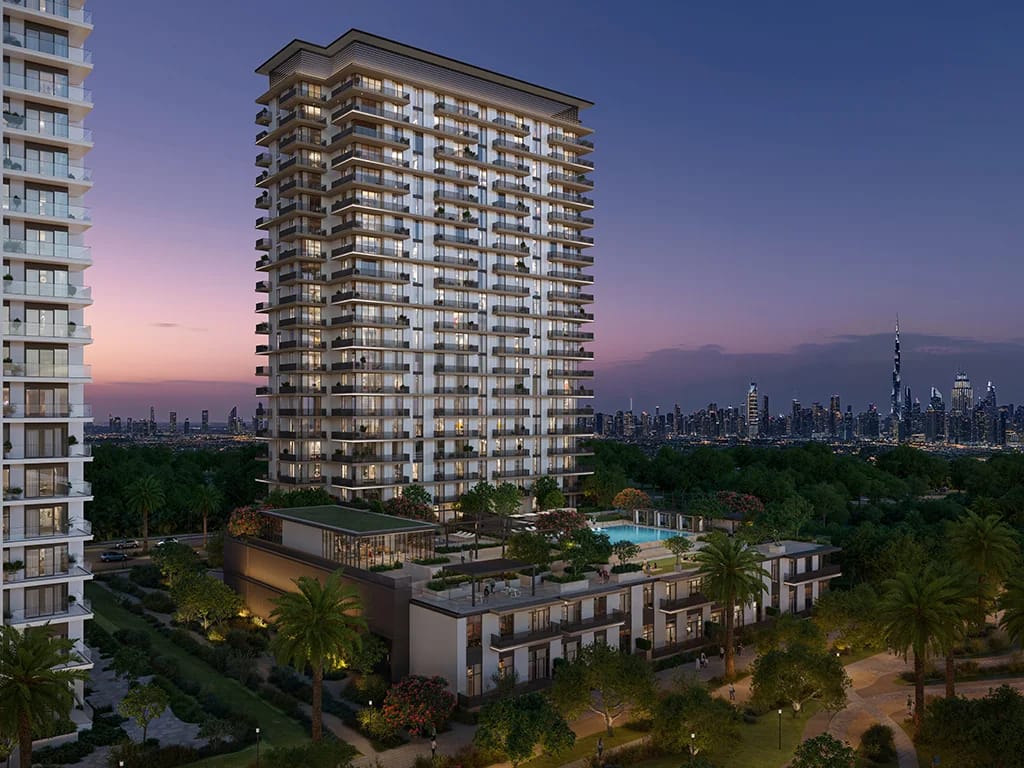 Greencrest: residential tower and podium at dusk (developer rendering)