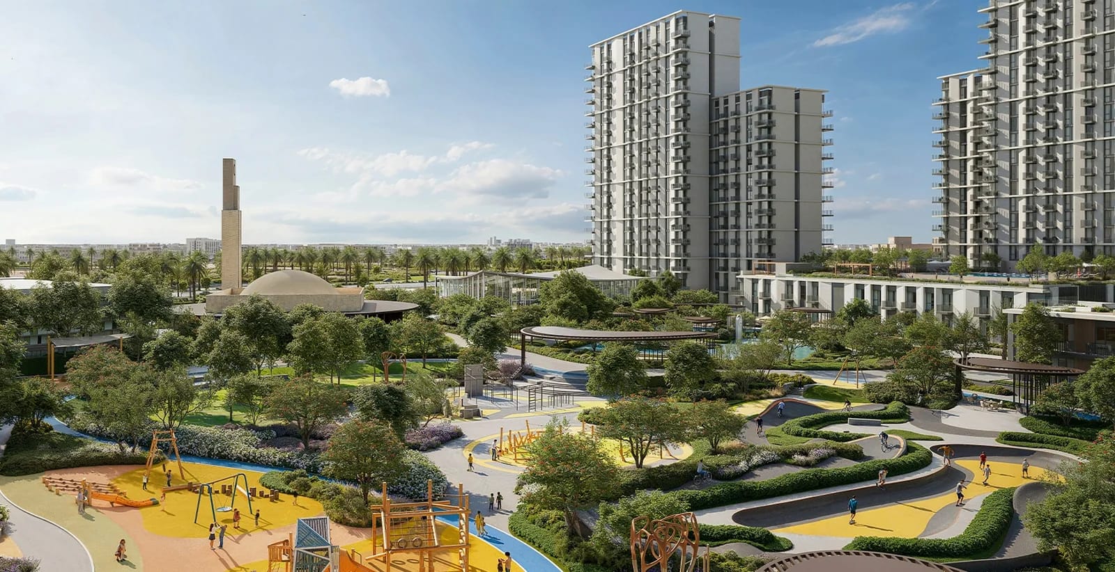 Hillsedge: residential towers beside landscaped parkland (developer rendering)