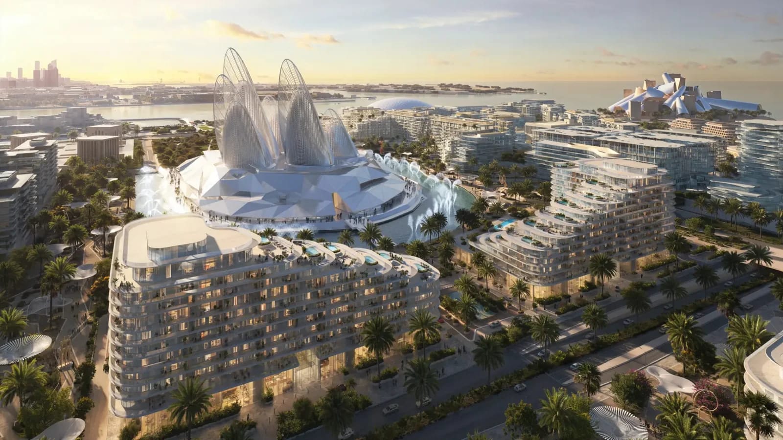 Mandarin Oriental Residences Saadiyat Cultural District: aerial view of residences beside Zayed National Museum, developer rendering