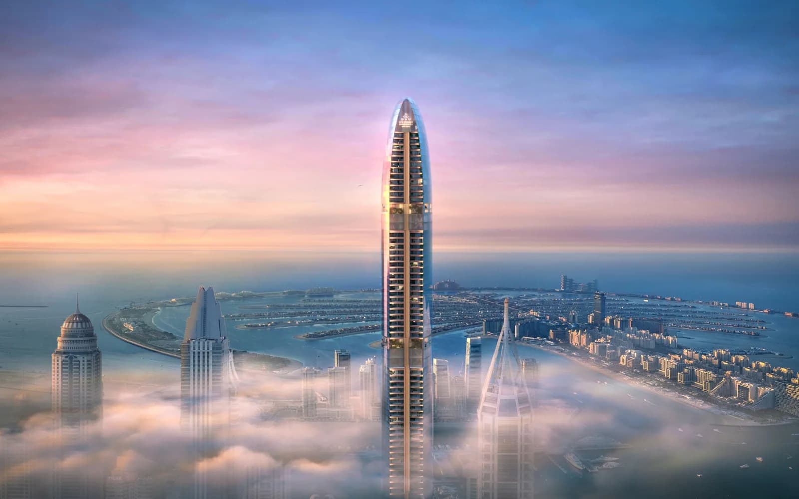 Six Senses Residences Dubai Marina developer rendering: slender residential tower above the Dubai Marina skyline at dusk