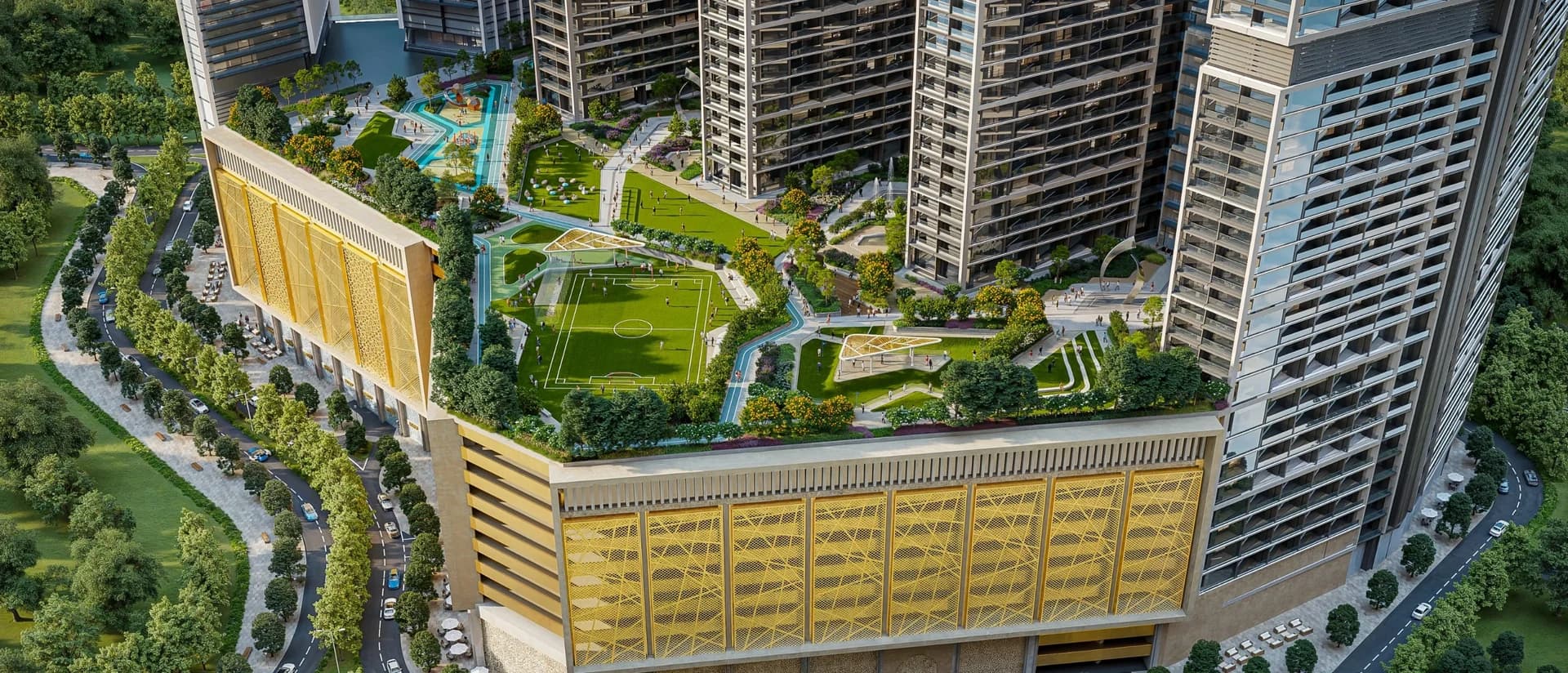 The Eden at Sobha Central: Shared landscaped podium from above (Developer rendering)