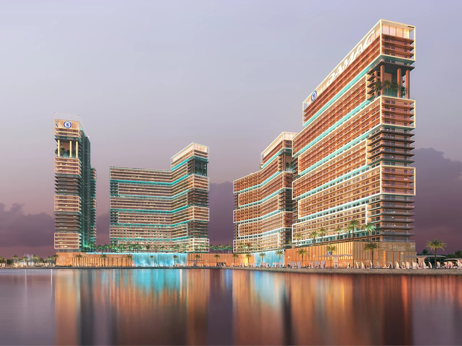 Chelsea Residences: Waterfront towers illuminated at dusk; official developer rendering