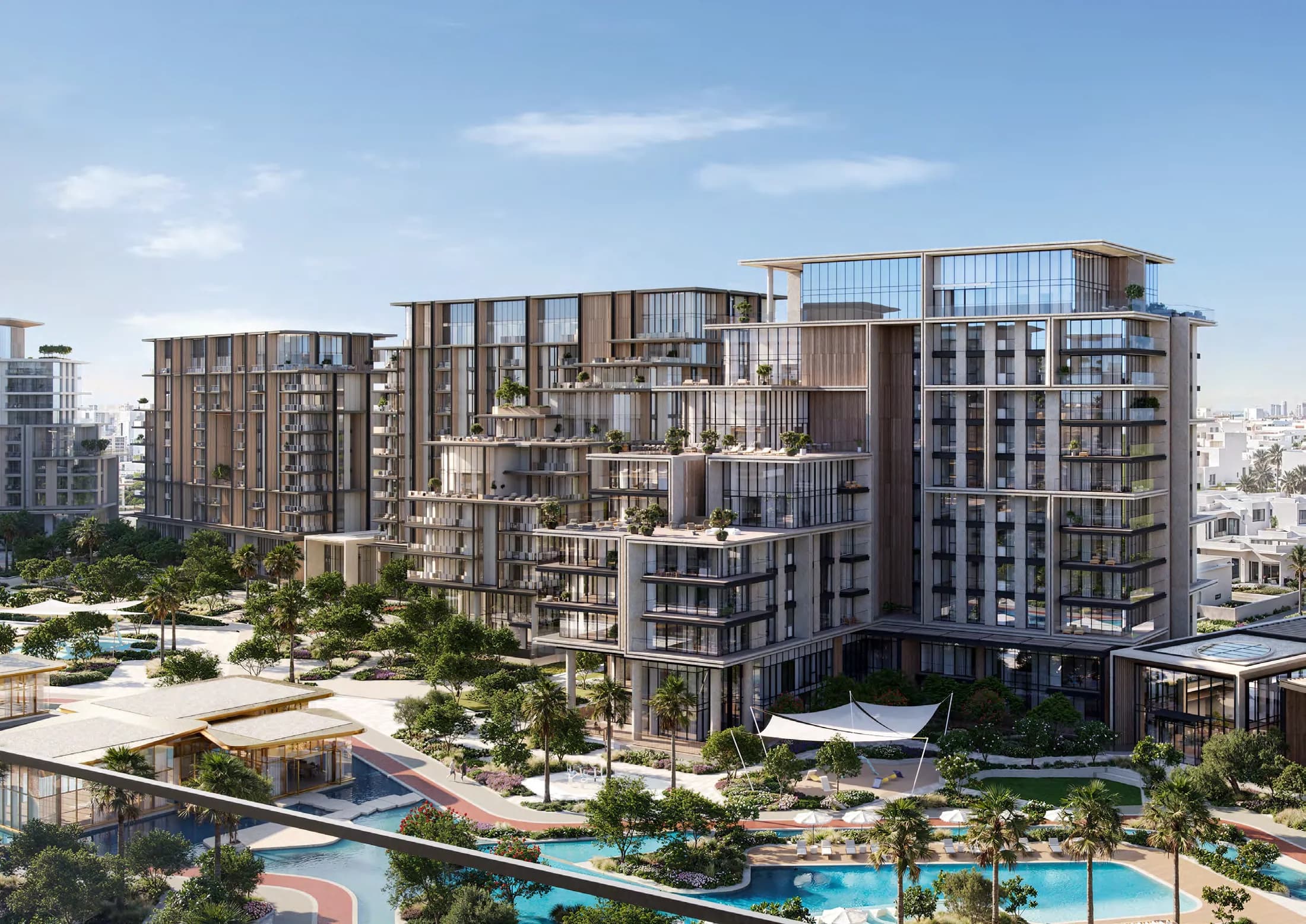 Crestlane 4 and 5 residences and landscaped water features; official developer rendering