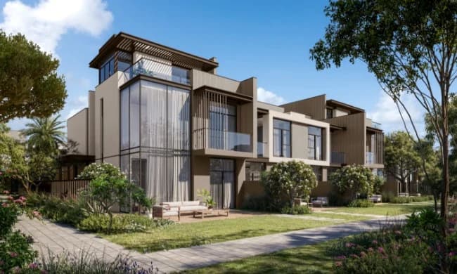 La Tilia at Villanova: townhouse exterior and garden; official developer rendering