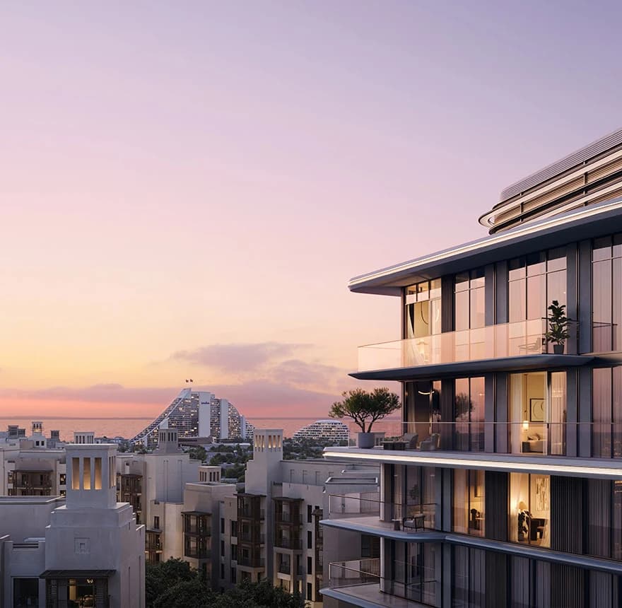 Nourelle at Madinat Jumeirah Living: Residential balconies overlooking the surrounding neighbourhood at sunset; official developer rendering