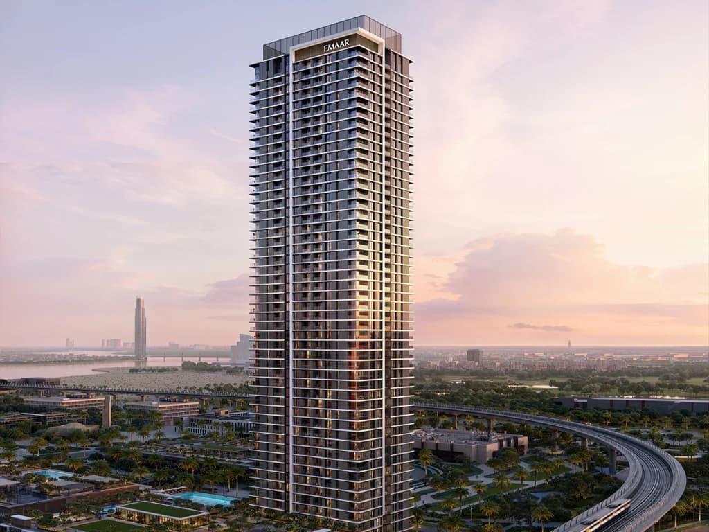 Montiva by Vida: residential tower at sunset — architectural rendering