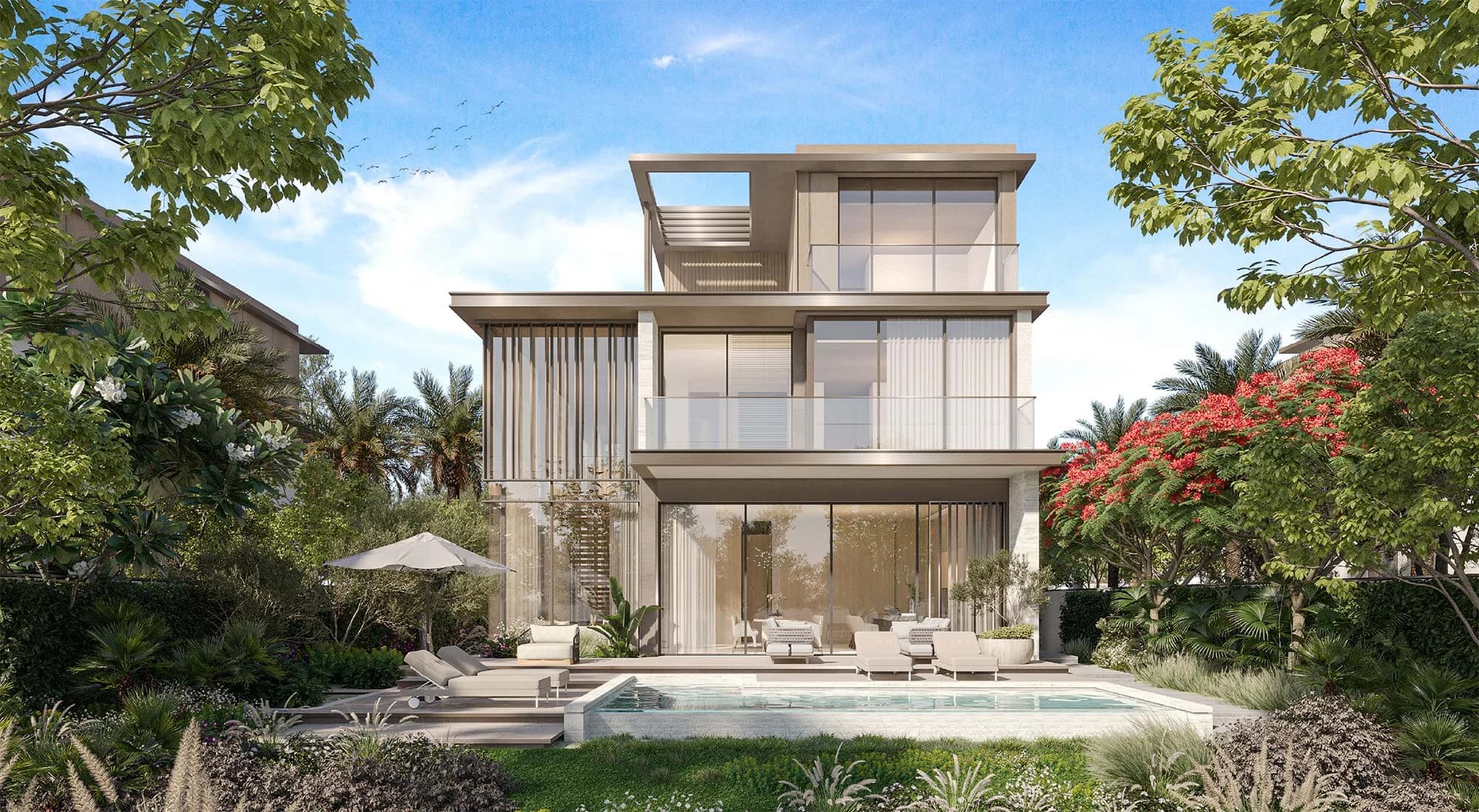 Nad Al Sheba Gardens: villa exterior and garden — architectural rendering