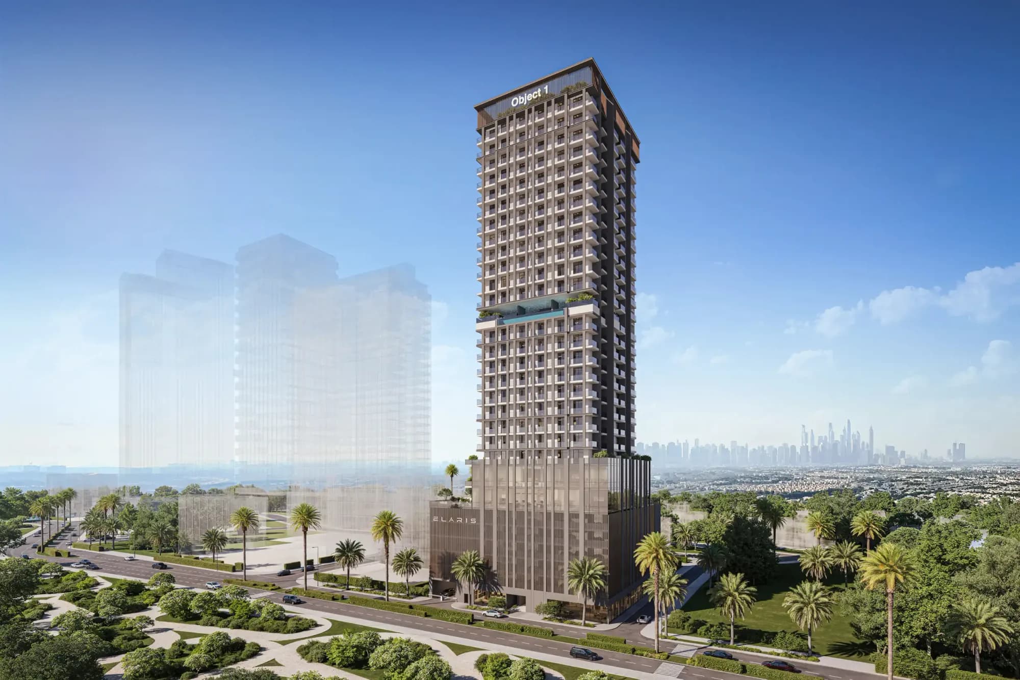 ELAR1S Rise: residential tower and entrance — architectural rendering