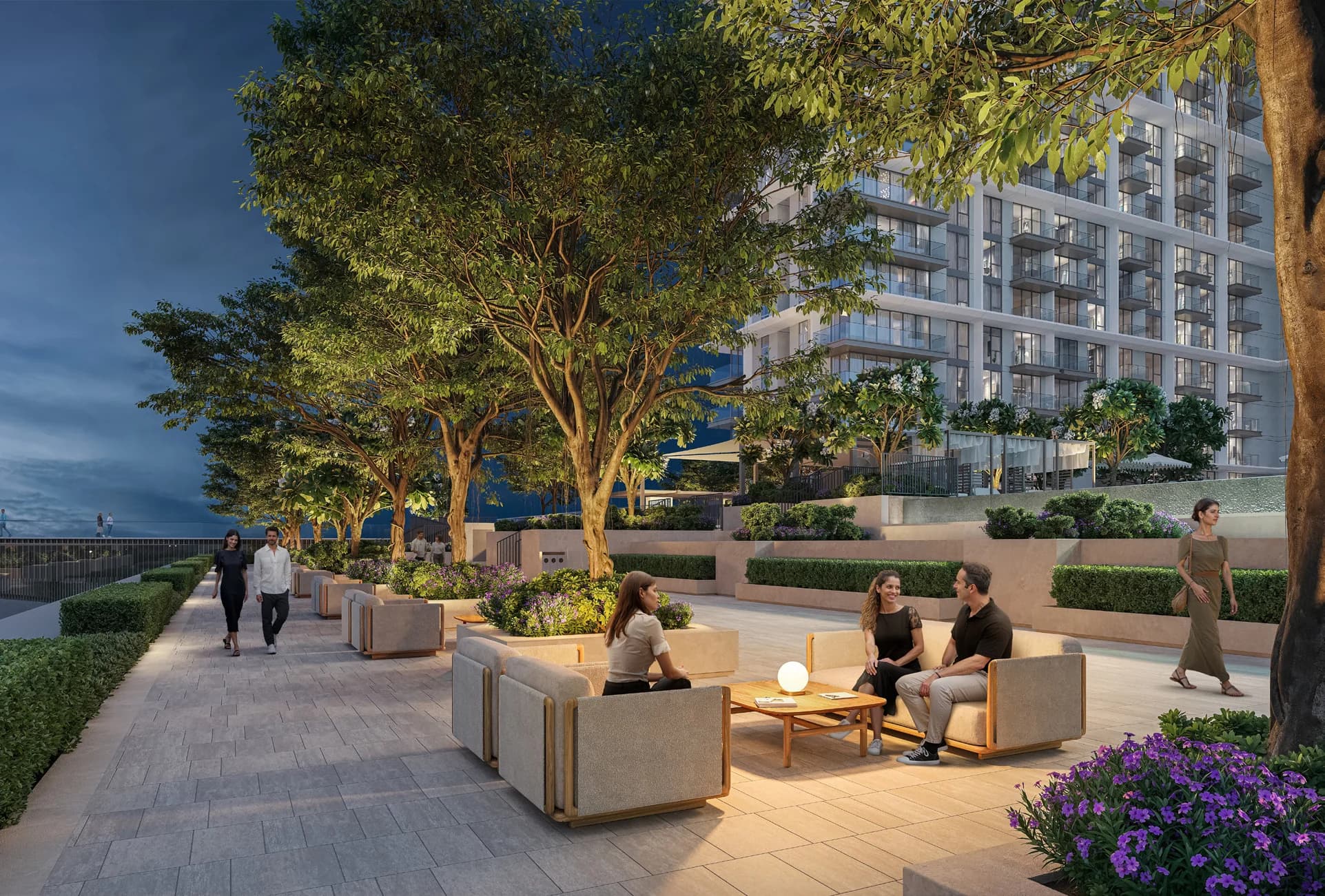Palace Residences Hillside: residential tower and landscaped seating courtyard — developer rendering