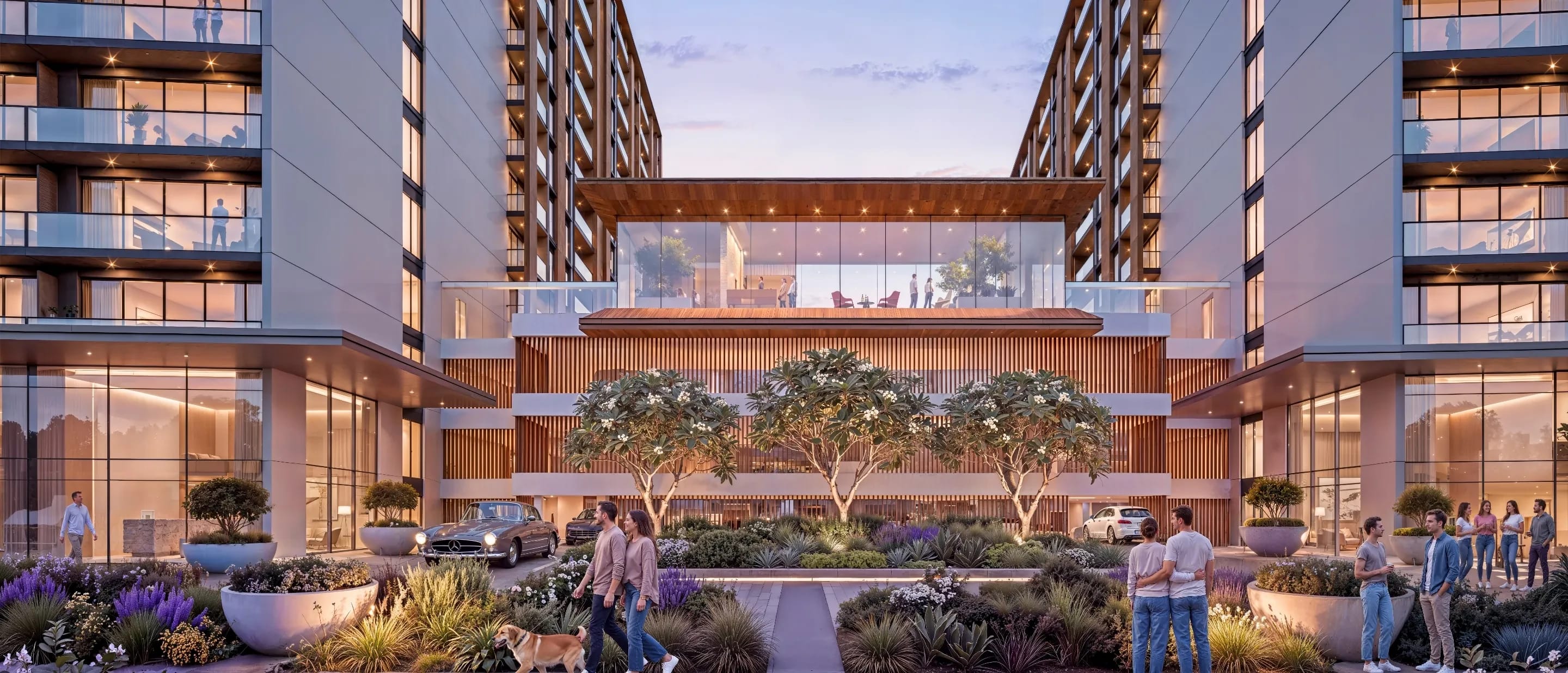 The Woods at Sobha Sanctuary: Apartment buildings and landscaped arrival courtyard; official developer rendering