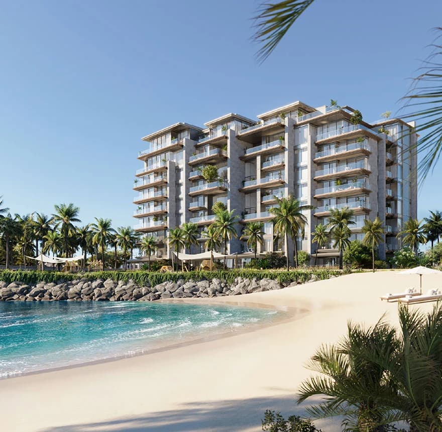 Solaya: Beachfront residential building with balconies and palm landscaping; official developer rendering