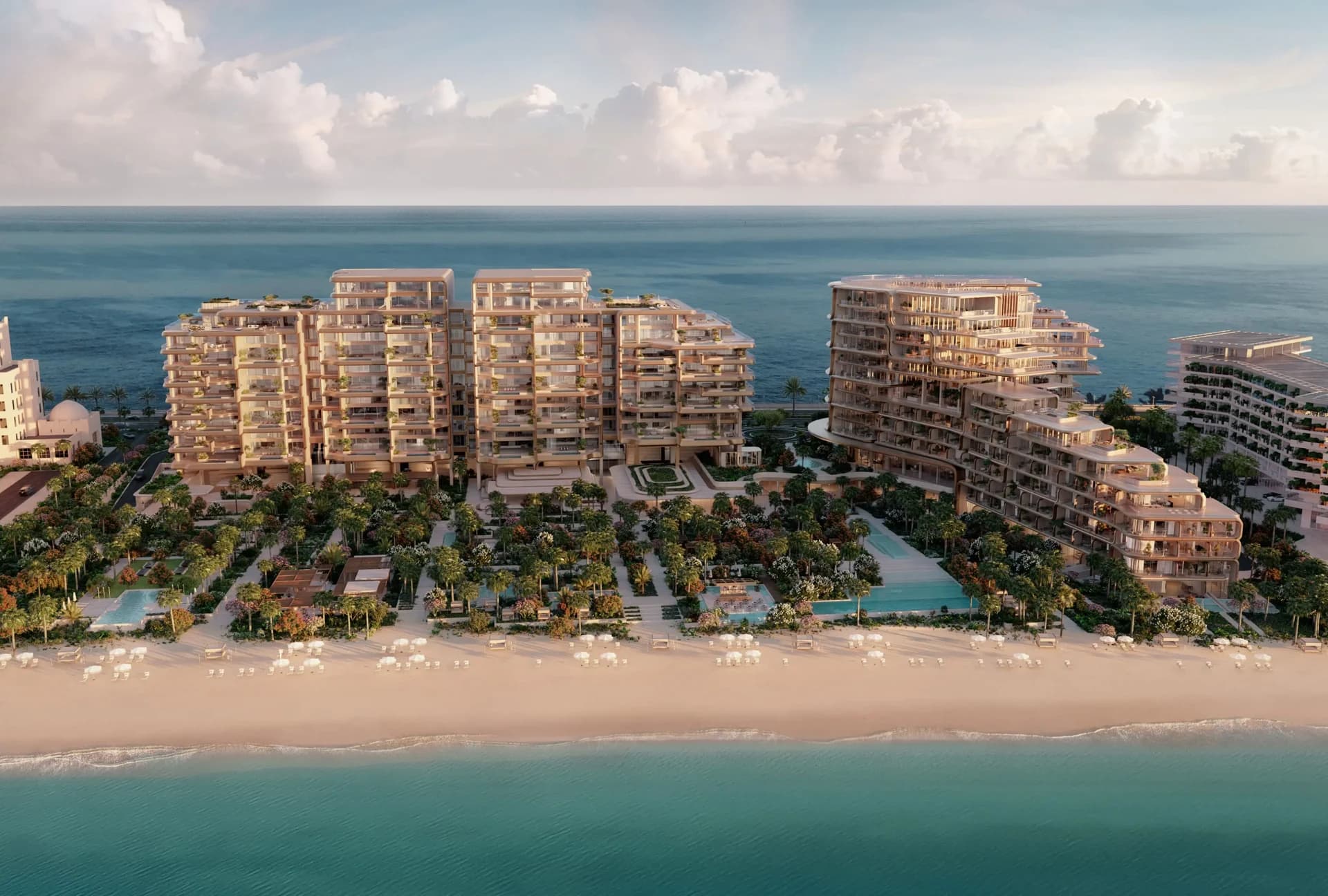 The Alba Residences: aerial beachfront buildings; official developer rendering
