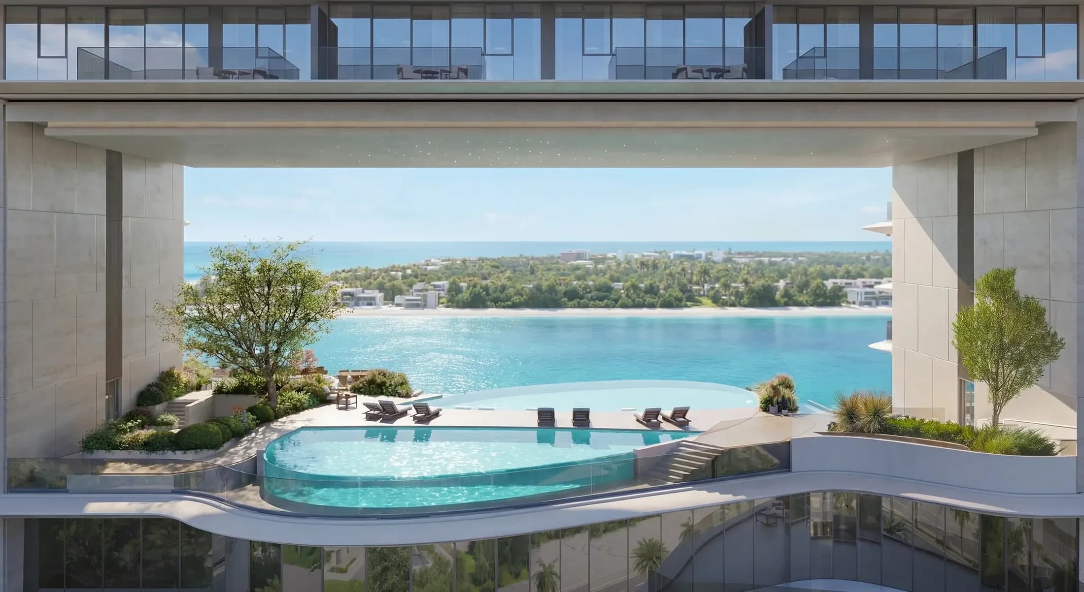 The Meriva Collection: pool framed by the residences with a sea outlook — developer rendering