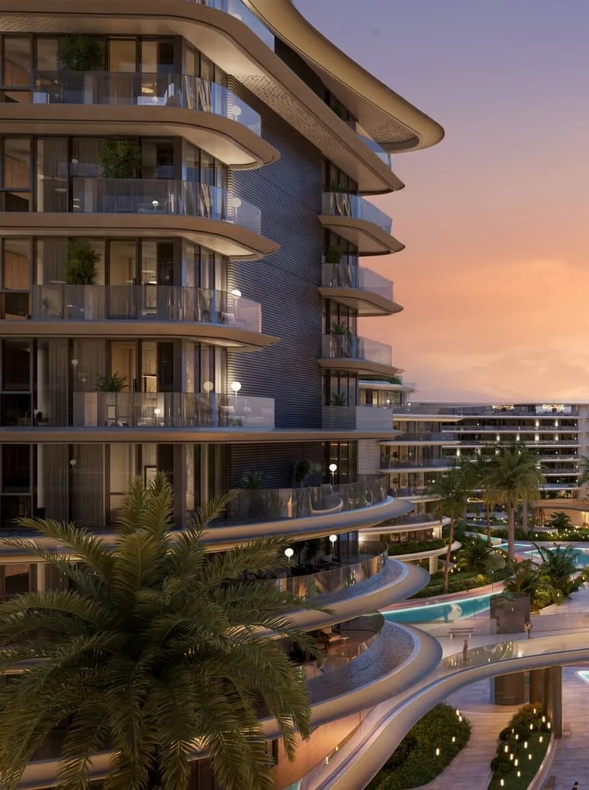 The Meriva Collection: curved residential balconies at sunset — architectural rendering
