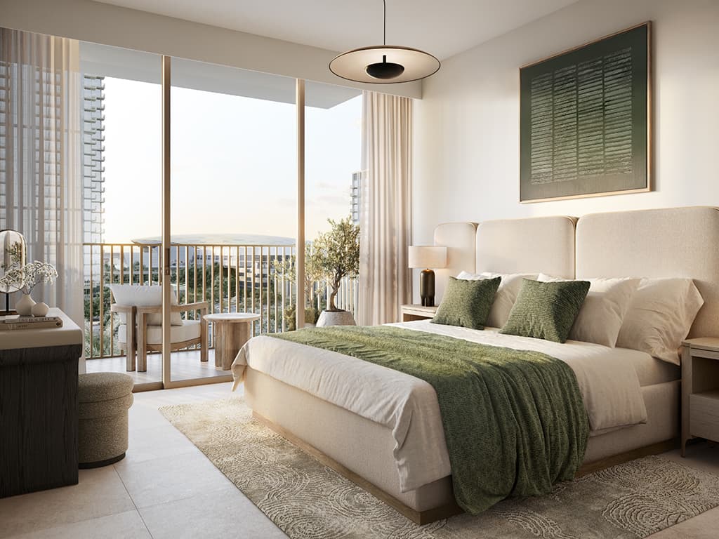 Aeon: apartment bedroom with balcony and full-height windows, Emaar developer rendering