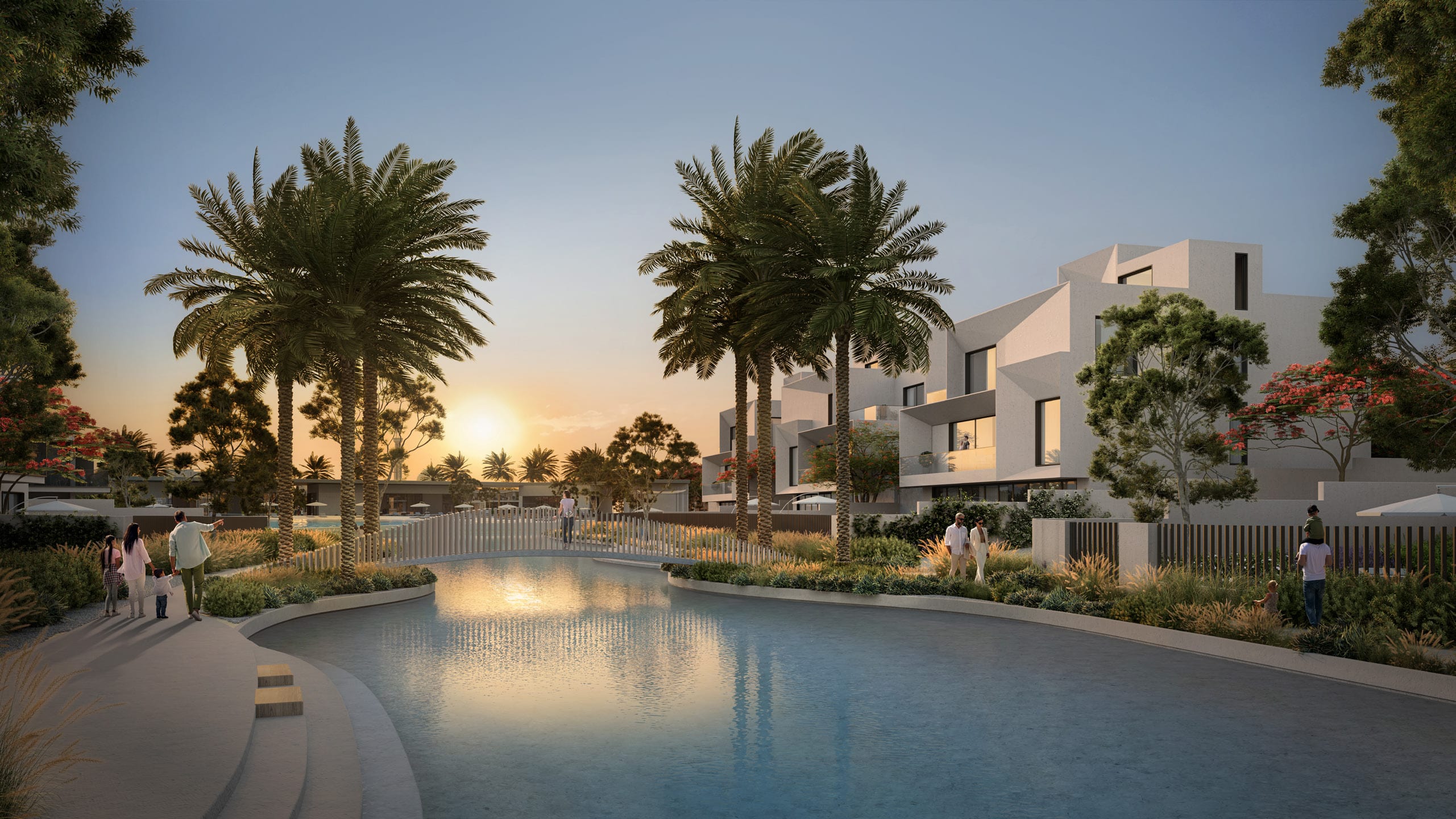 The Oasis: landscaped waterway and villas at dusk, Emaar developer rendering