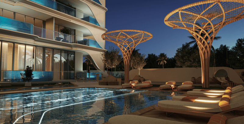 SAMANA Imperial Garden: pool terrace and landscaped seating at night, developer rendering