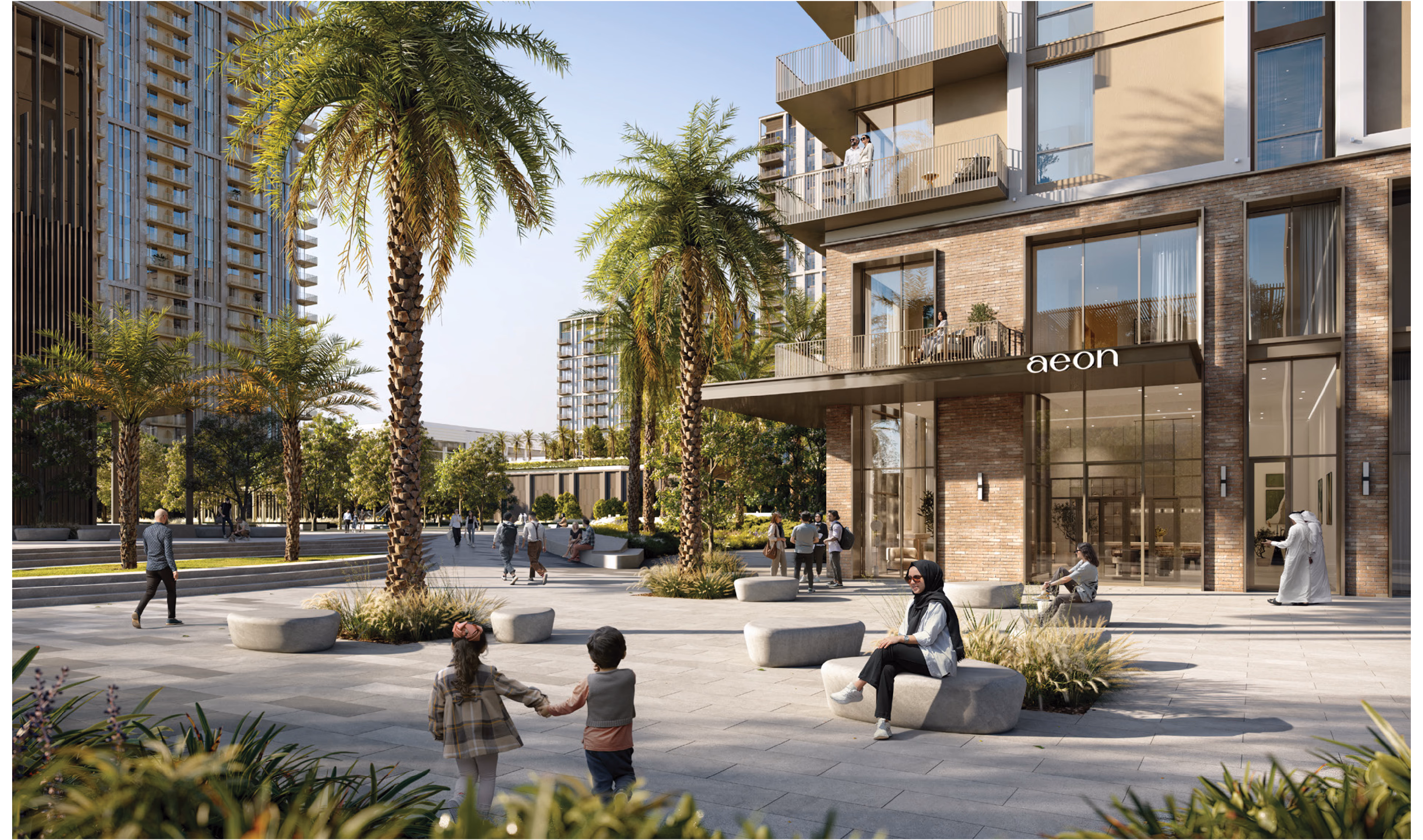 Aeon: palm-lined pedestrian space between residential buildings — rendering