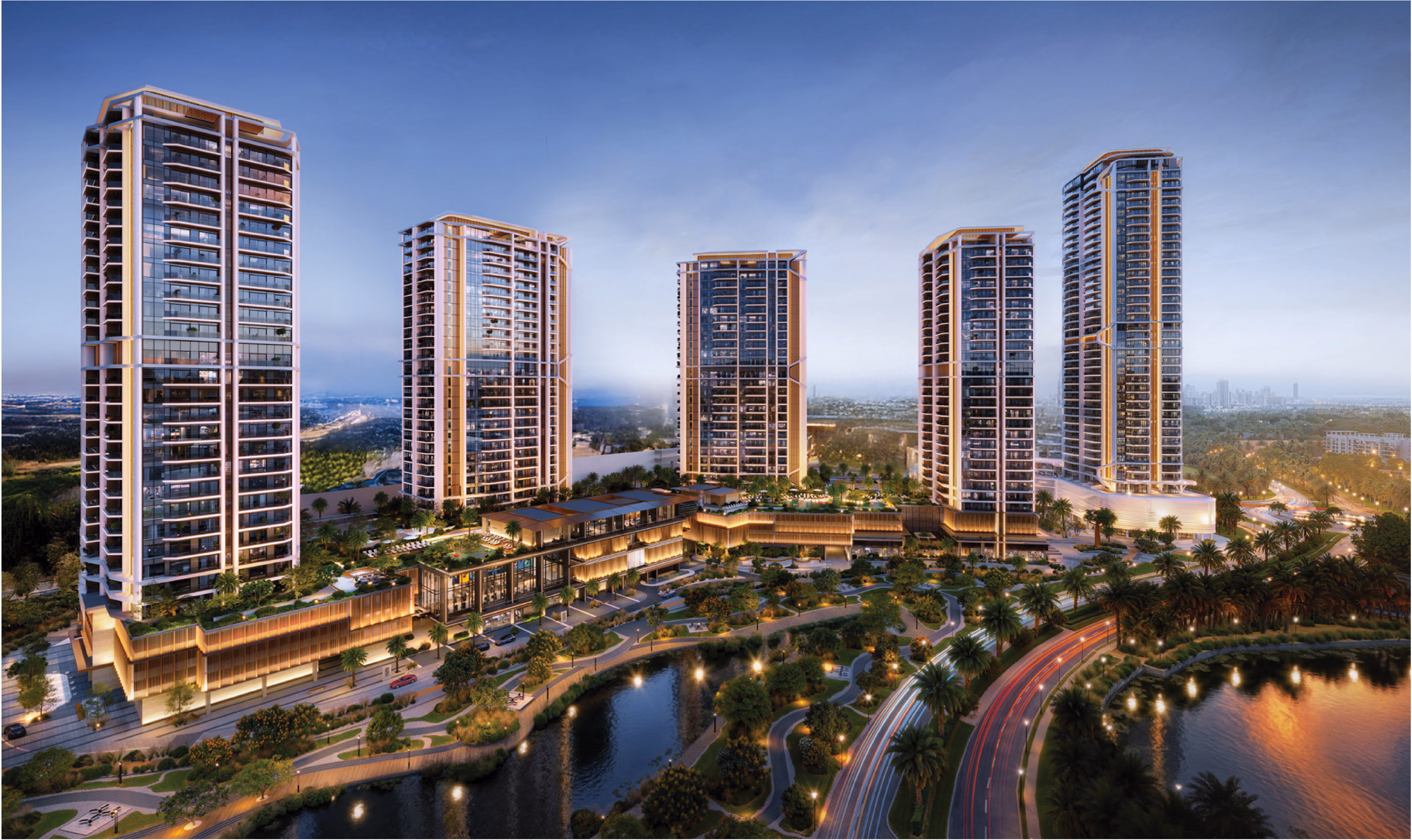 Eltiera Views: four towers around landscaped lakes at dusk — rendering