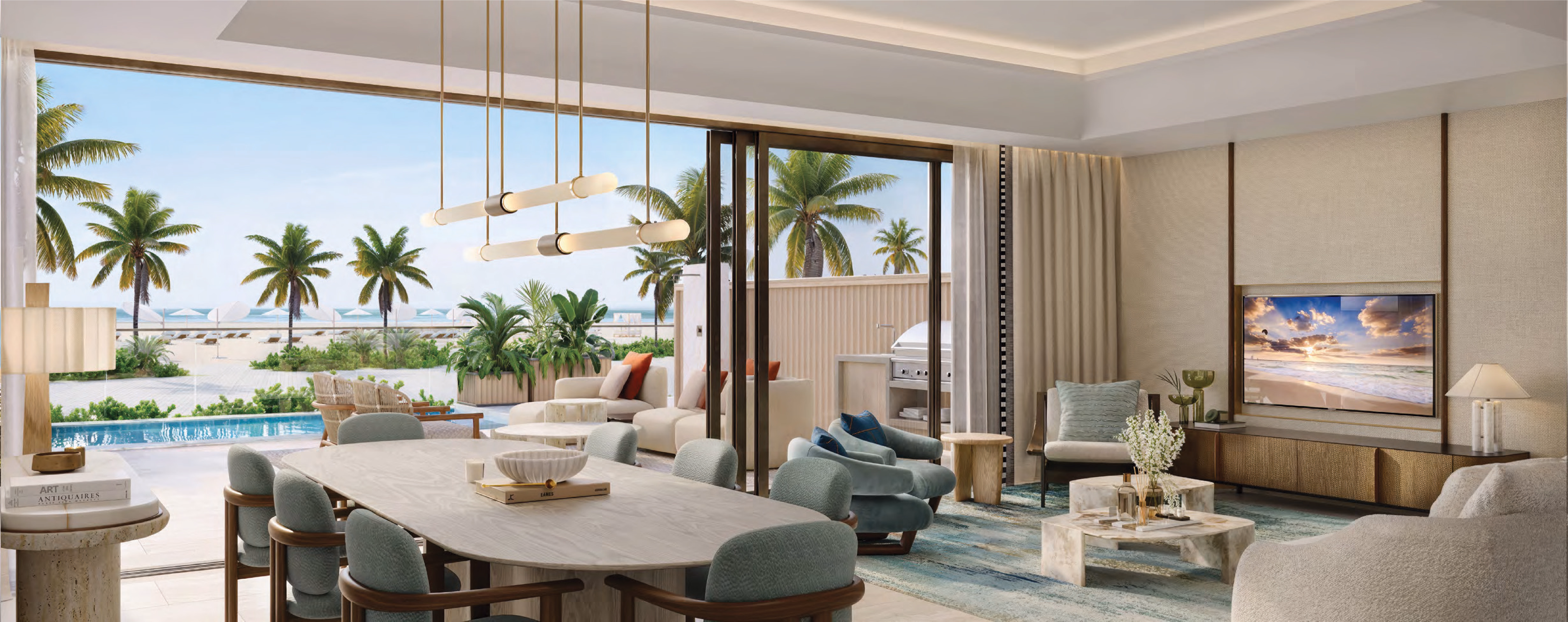 Fairmont Residences Al Marjan Island: living and dining room opening onto a palm-lined terrace — rendering