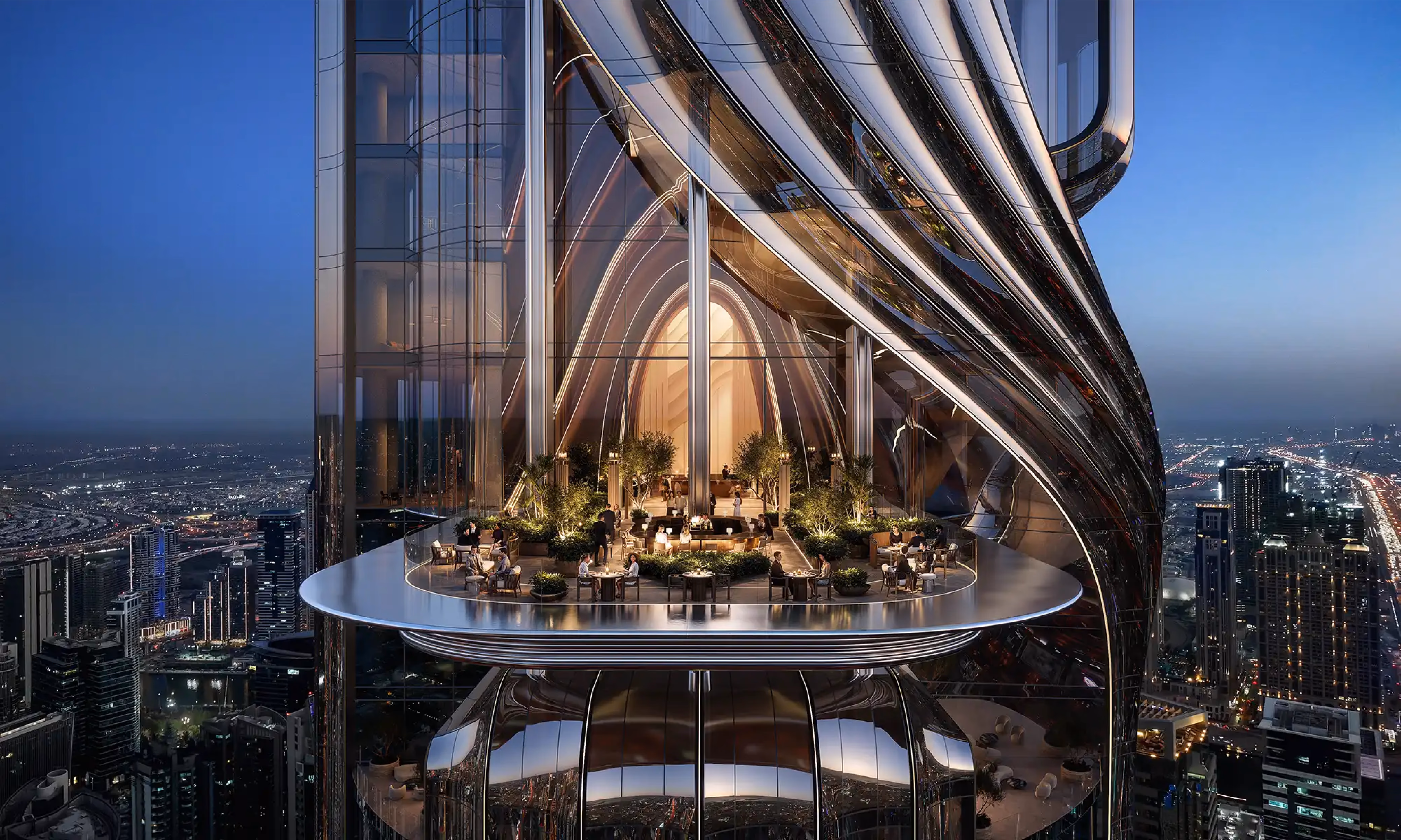 Lumena Alta: curved tower facade with a planted outdoor terrace at night — rendering