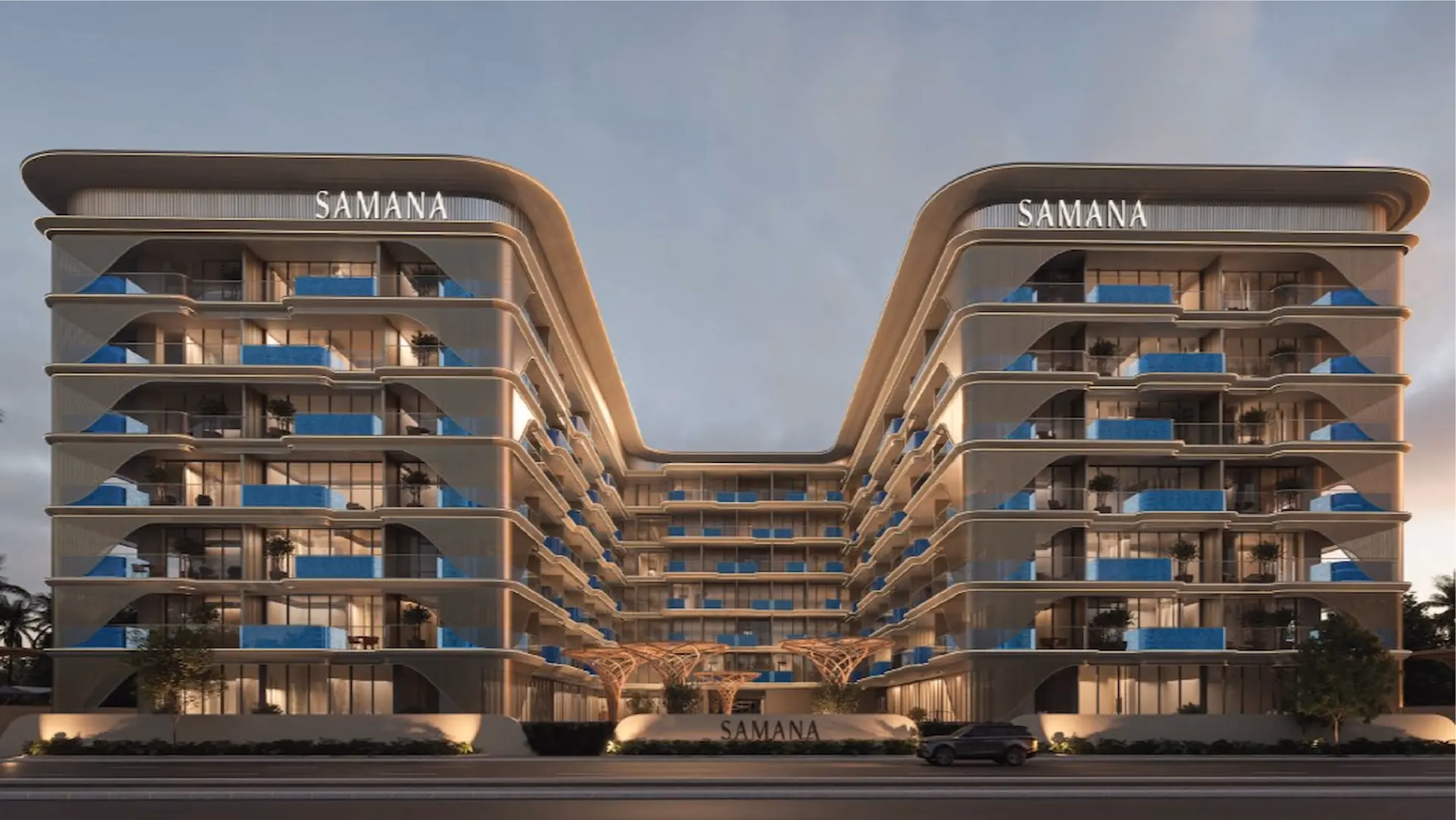 Samana Imperial Garden: residential building with curved balconies and illuminated samana signage — rendering