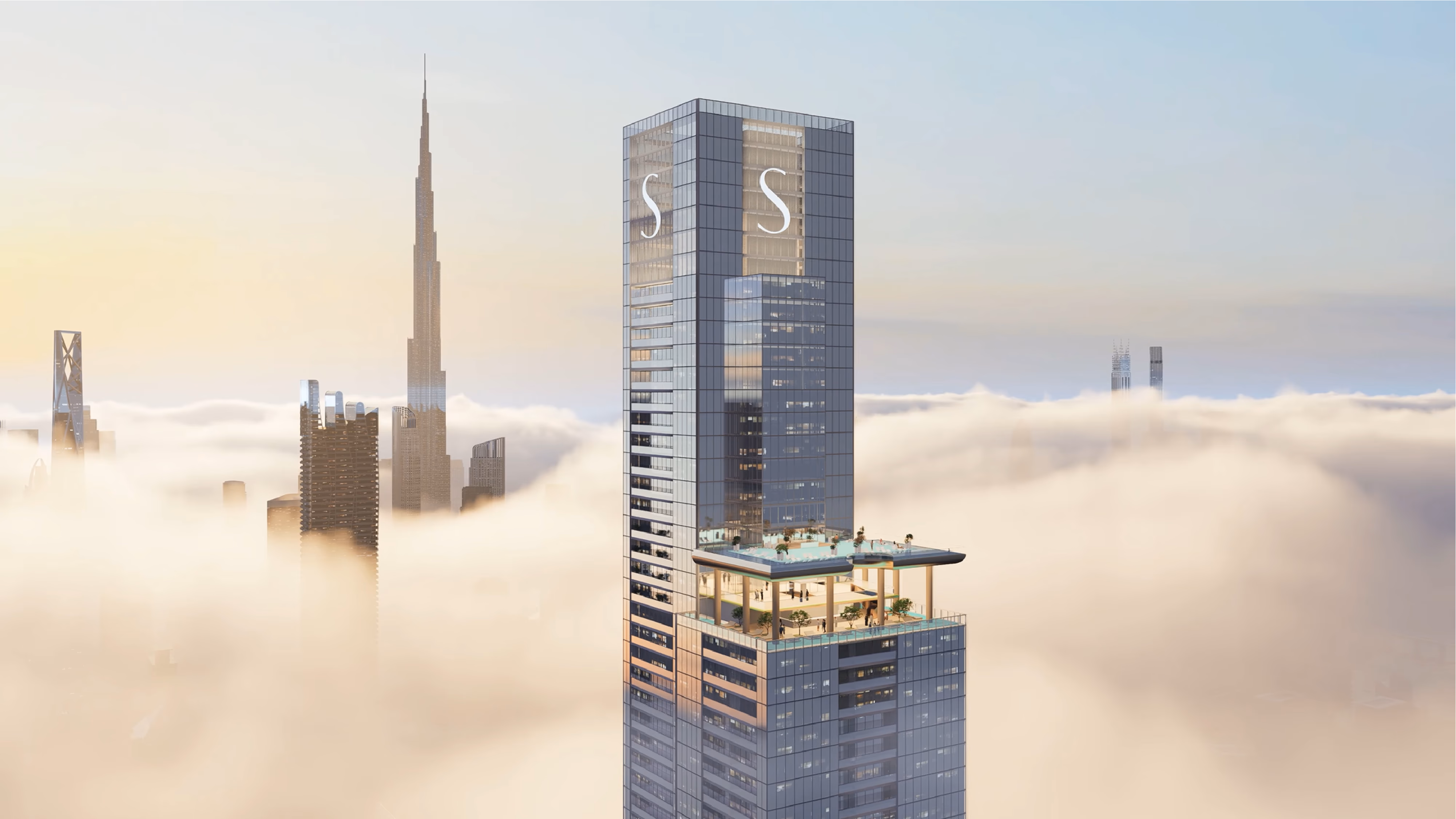 Sobha SkyParks: tall residential tower rising above clouds, rendering