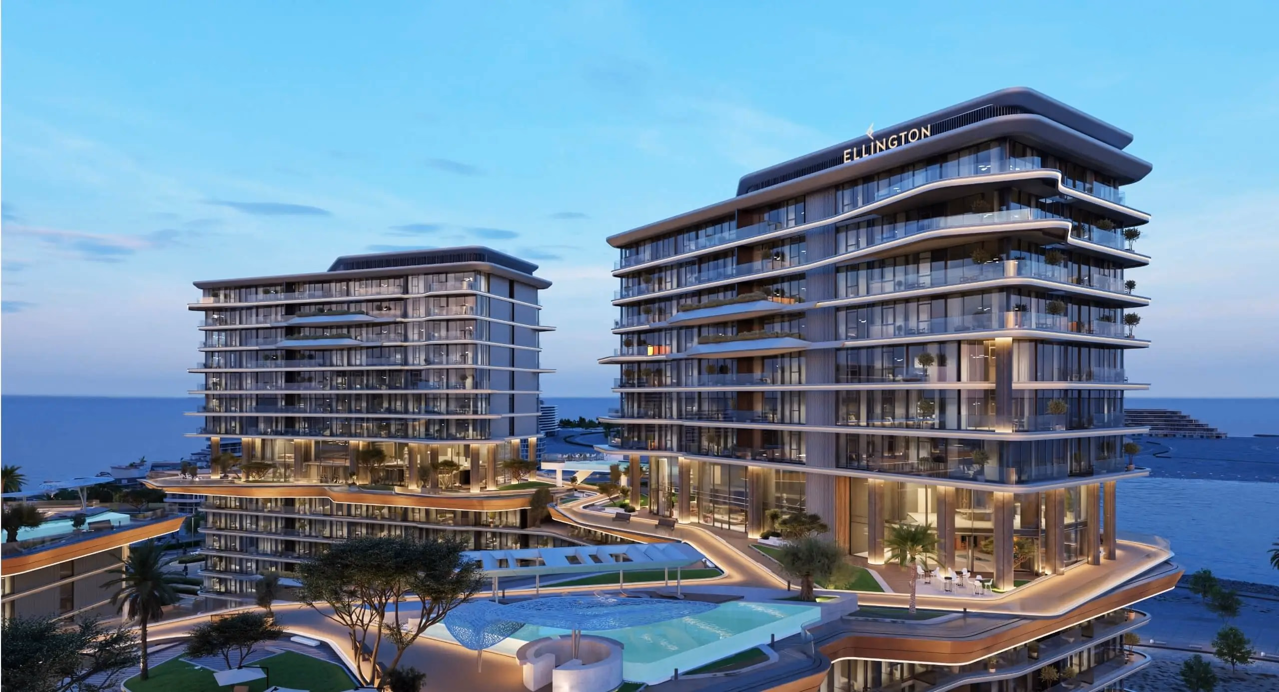 Costa Mare: residential buildings and a landscaped pool terrace at dusk — rendering