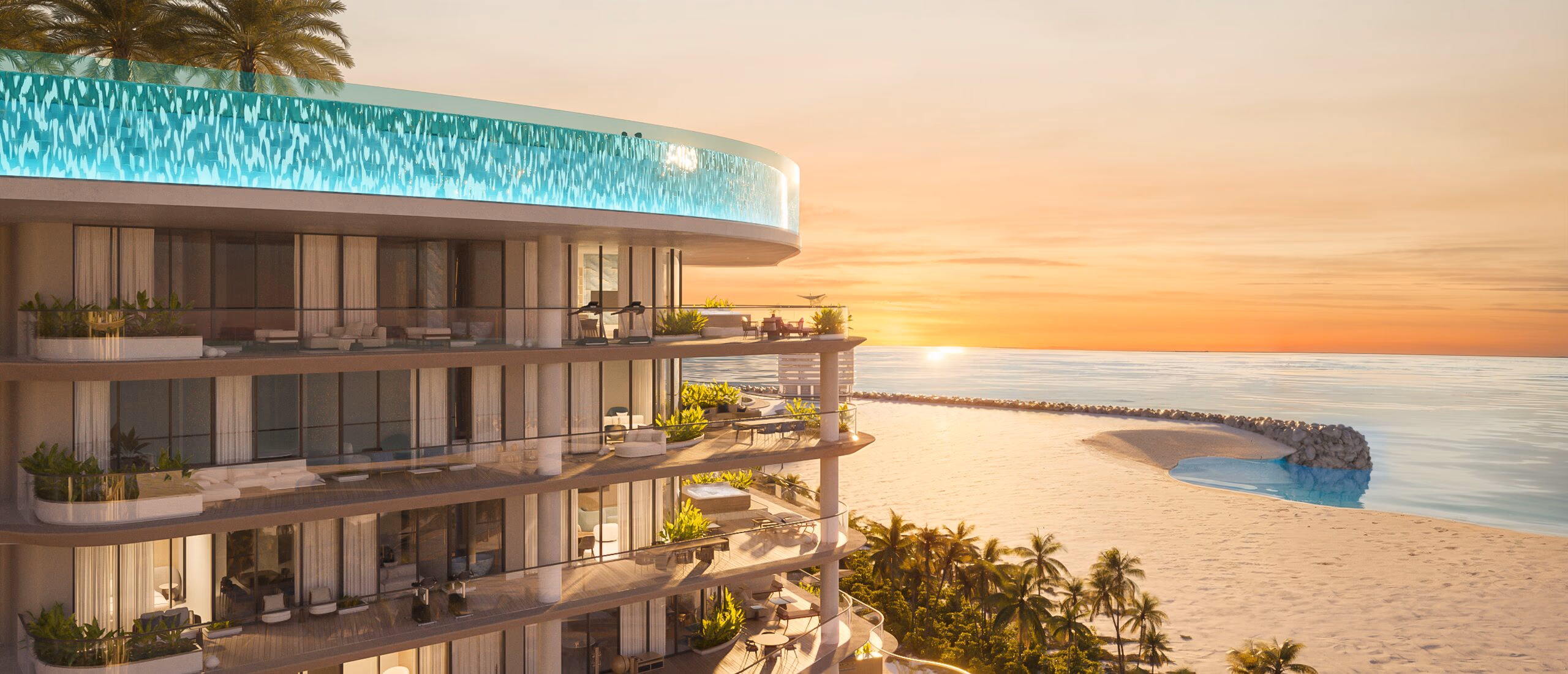 Manta Bay: rooftop pool and curved building overlooking the beach at sunset — rendering