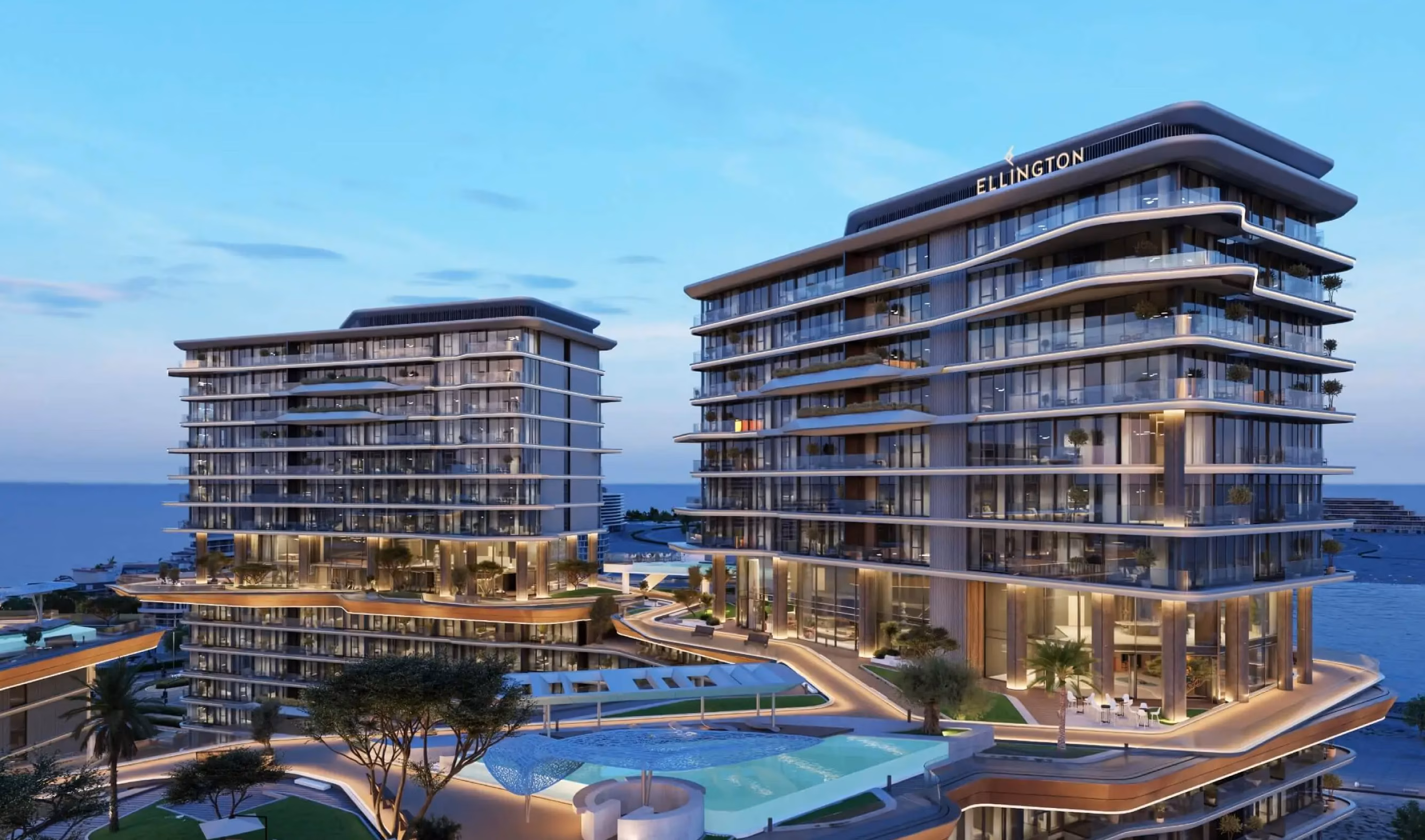 Costa Mare: residential buildings and a landscaped pool terrace at dusk — rendering