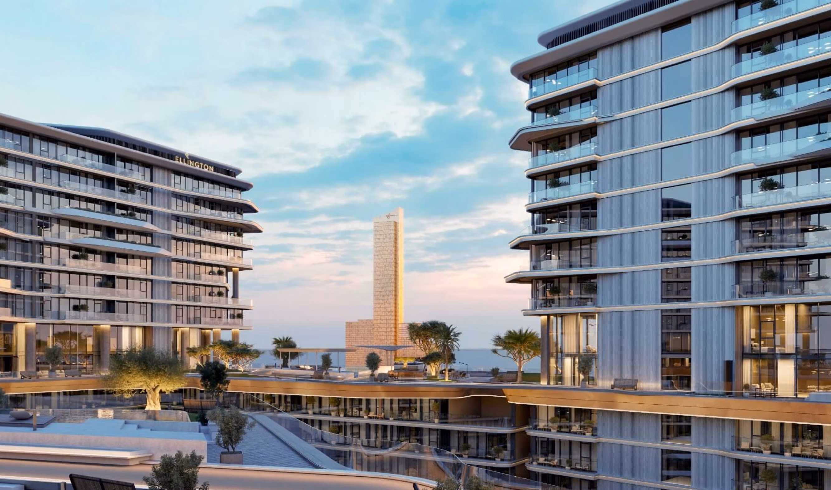 Costa Mare: view between residential buildings toward the waterfront, rendering