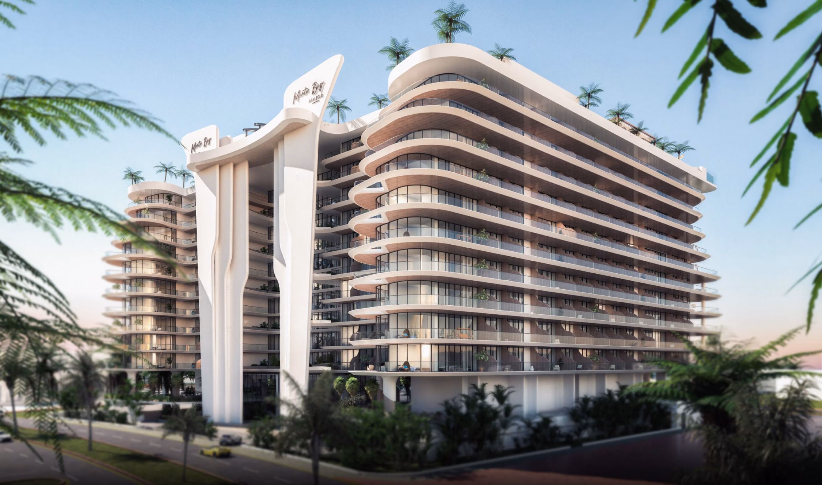 Manta Bay: rooftop pool and curved building overlooking the beach at sunset — rendering