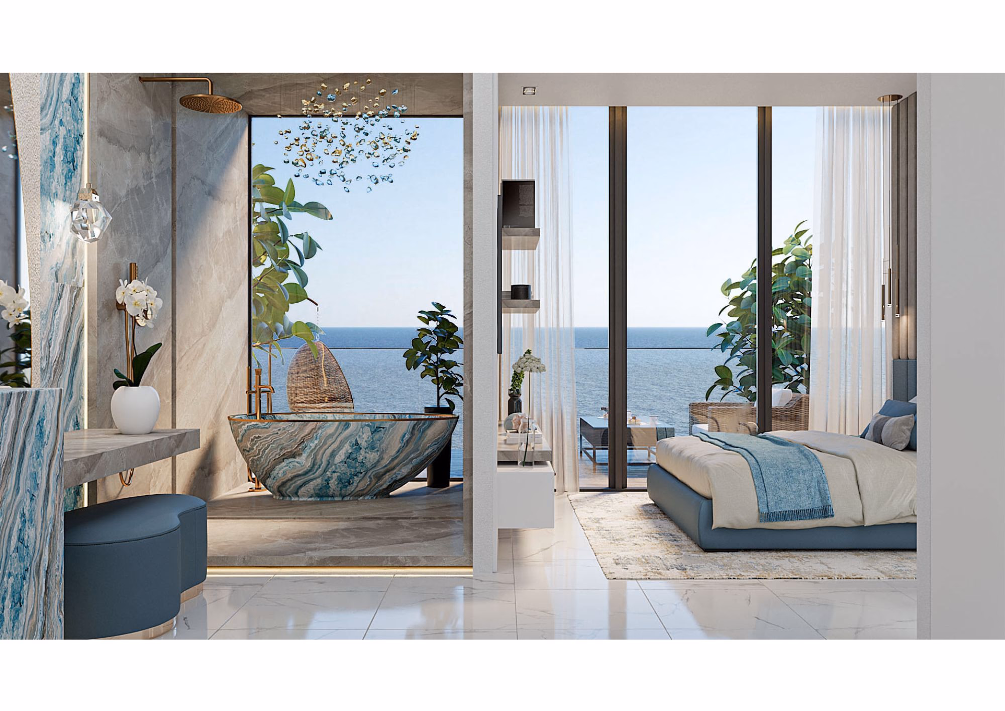 Manta Bay: bedroom opening onto a sea-facing balcony, rendering