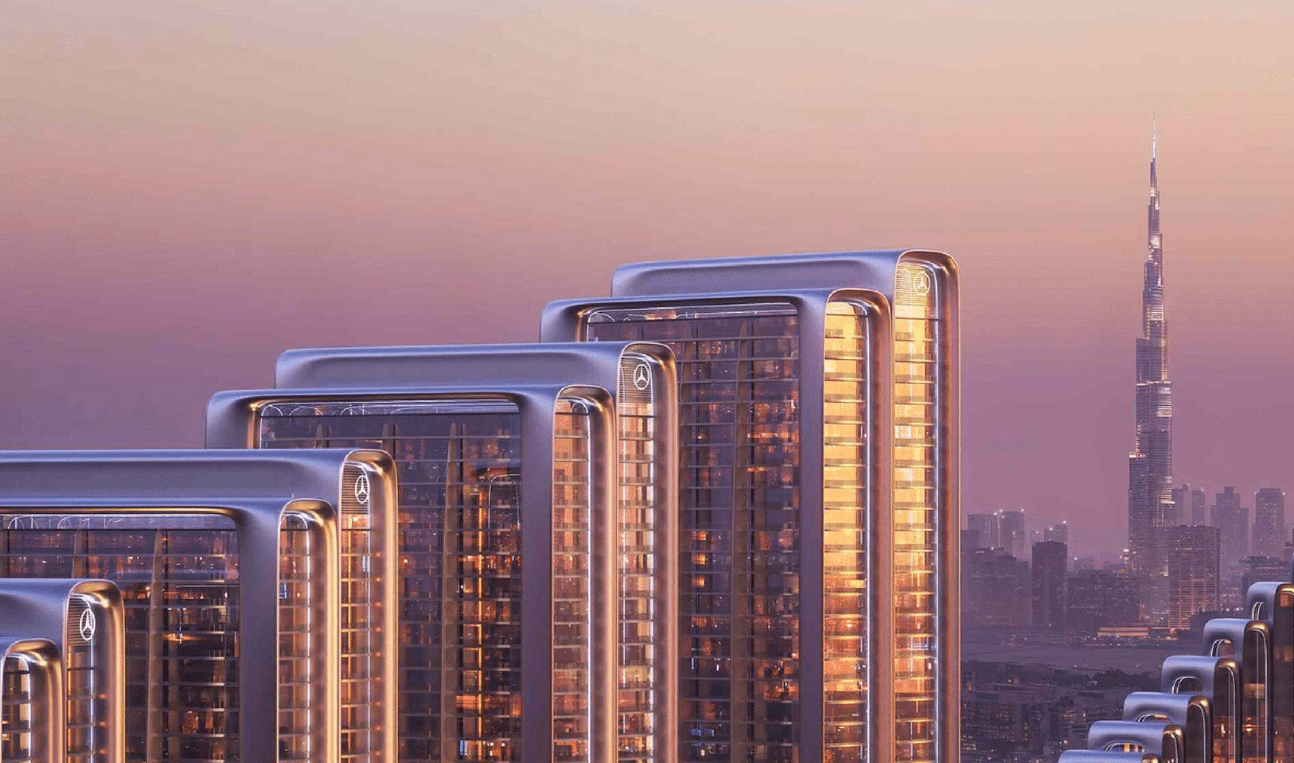 Mercedes-Benz Places Binghatti City: stepped tower rooftops against the Dubai skyline, rendering
