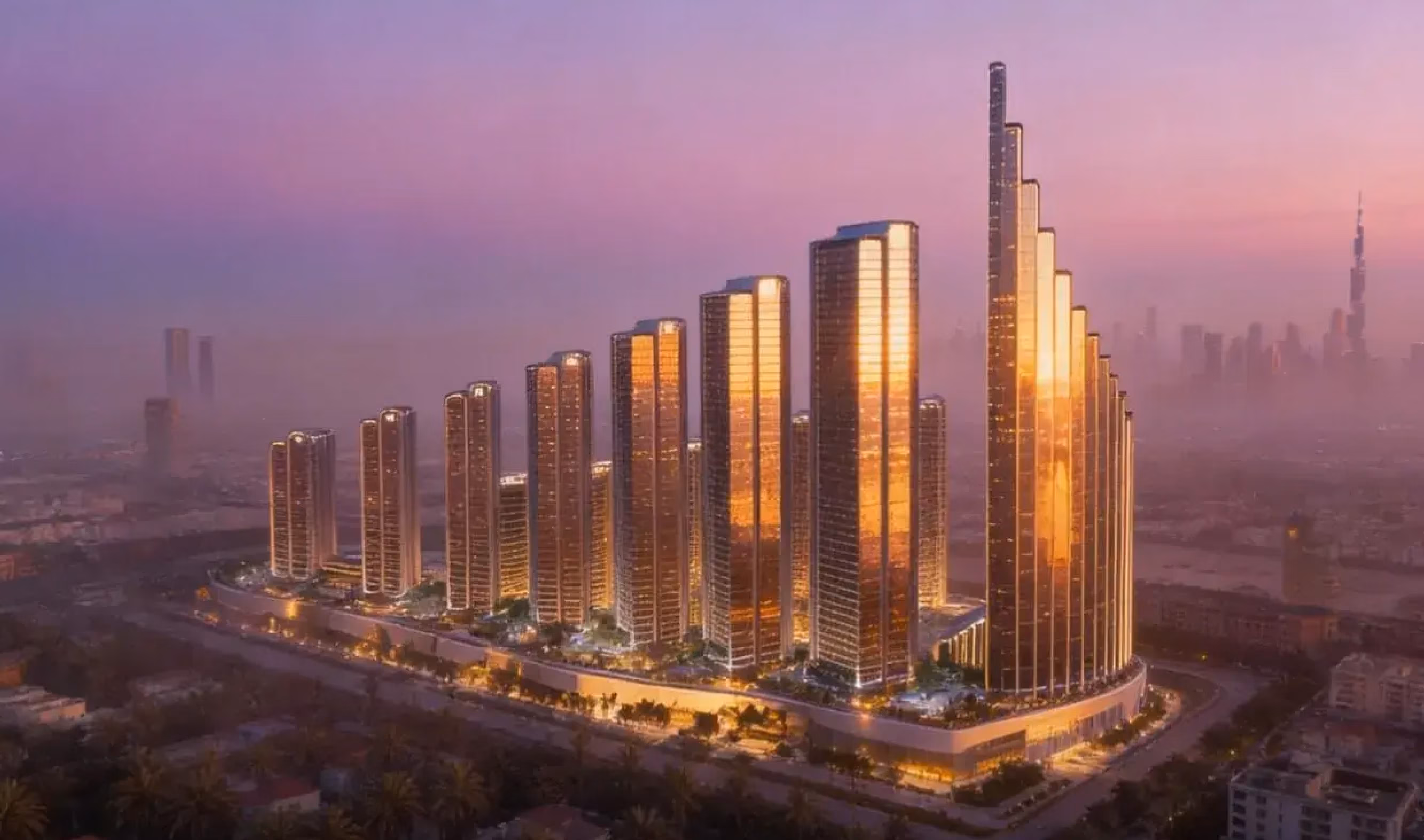 Mercedes-Benz Places Binghatti City: line of residential towers at sunset, rendering