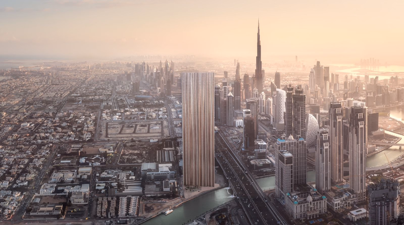 Muraba Veil: slender tower above the city at sunset — rendering