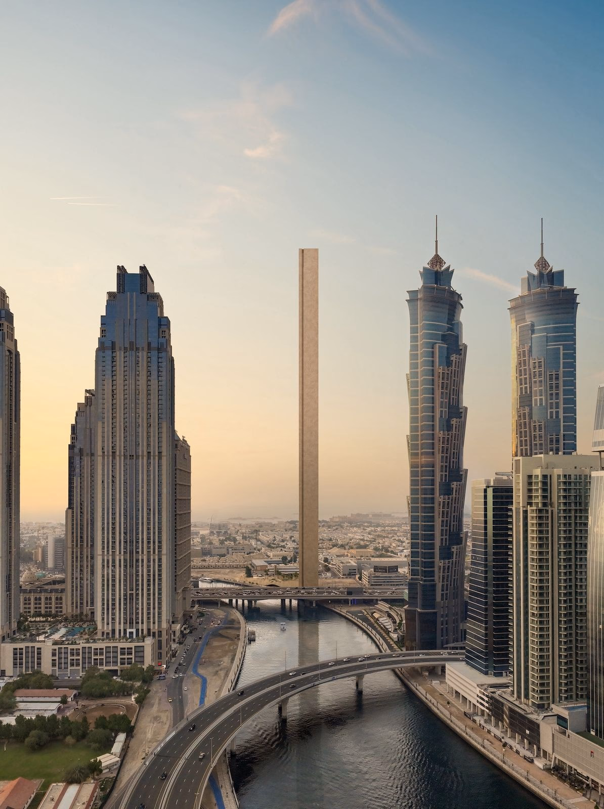 Muraba Veil: slender tower framed by nearby high-rise buildings, rendering