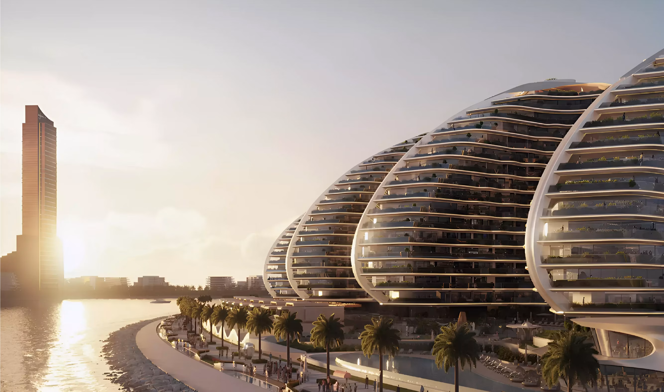 Oystra: aerial view of curved residential buildings beside the waterfront — rendering