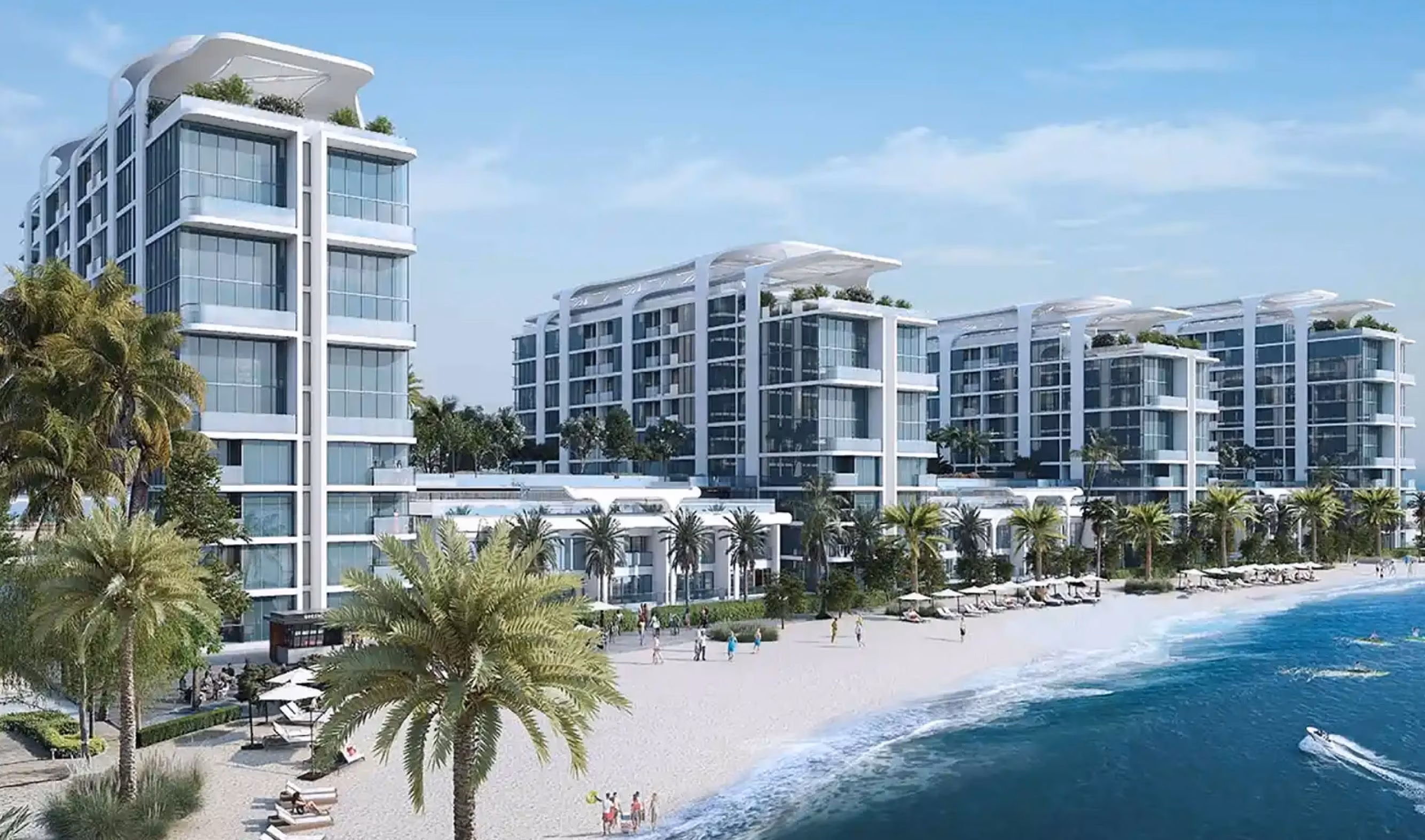 Starline Beach Residences: beachfront residences beside palms and sand, rendering