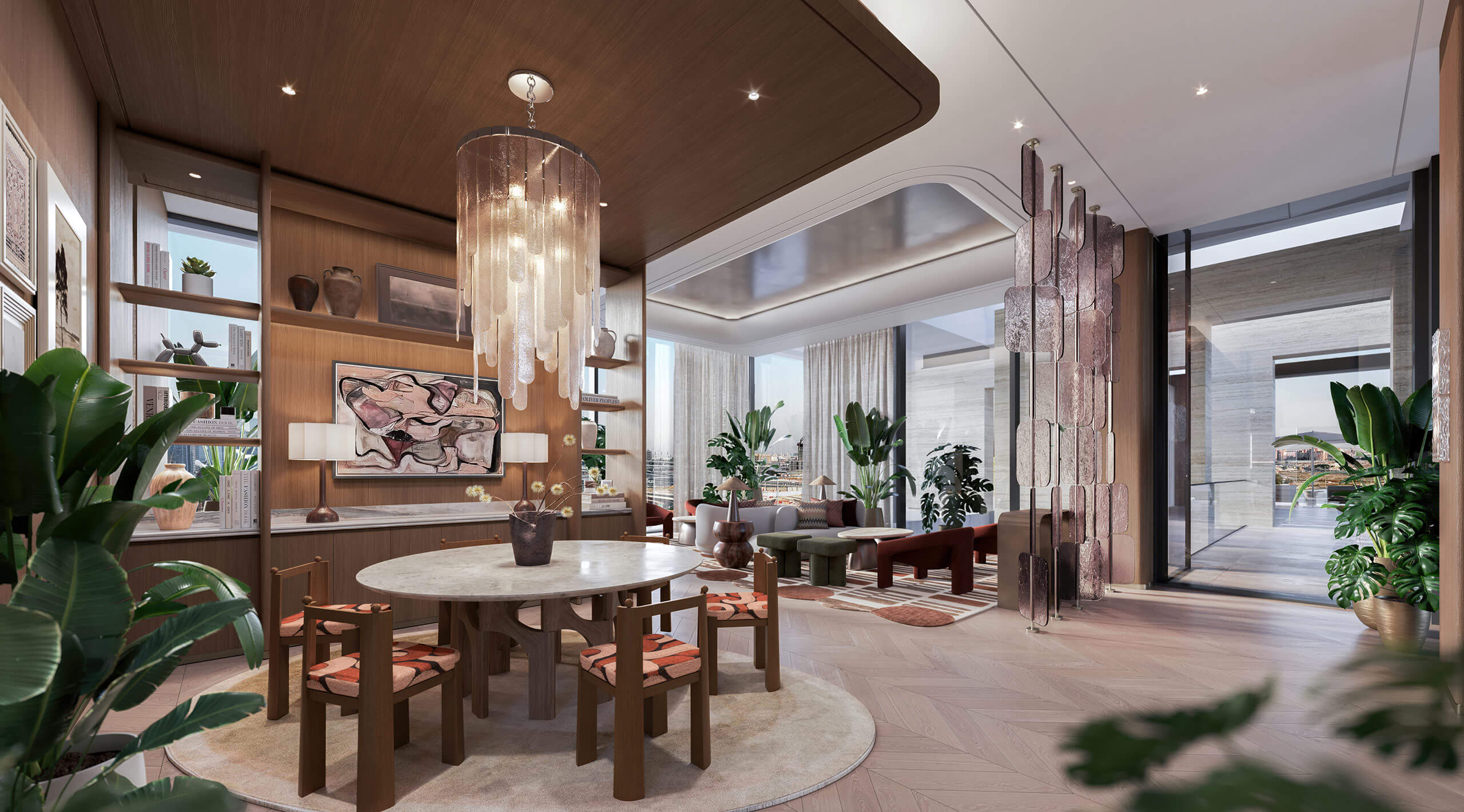 Eltiera Views living and dining space; architectural rendering