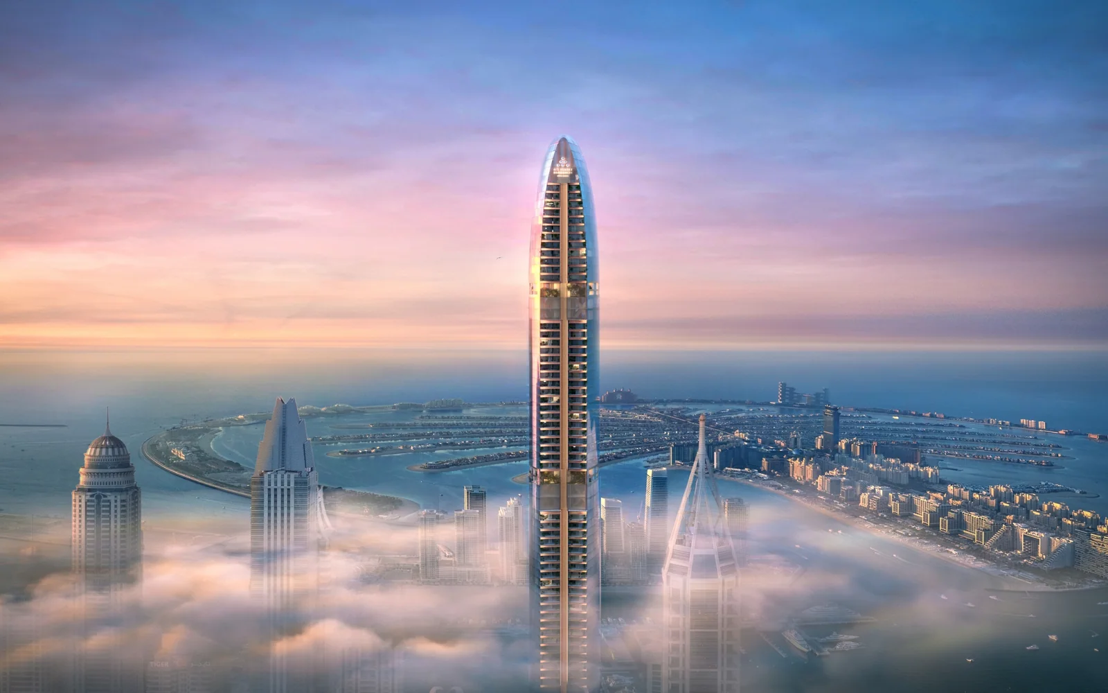 Six Senses Residences Dubai Marina developer rendering: slender residential tower above the Dubai Marina skyline at dusk