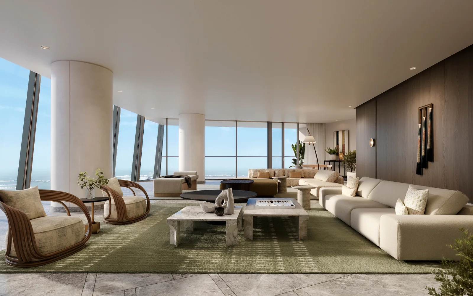 Six Senses Residences Dubai Marina developer rendering: living room with curved glazing and sea-facing seating