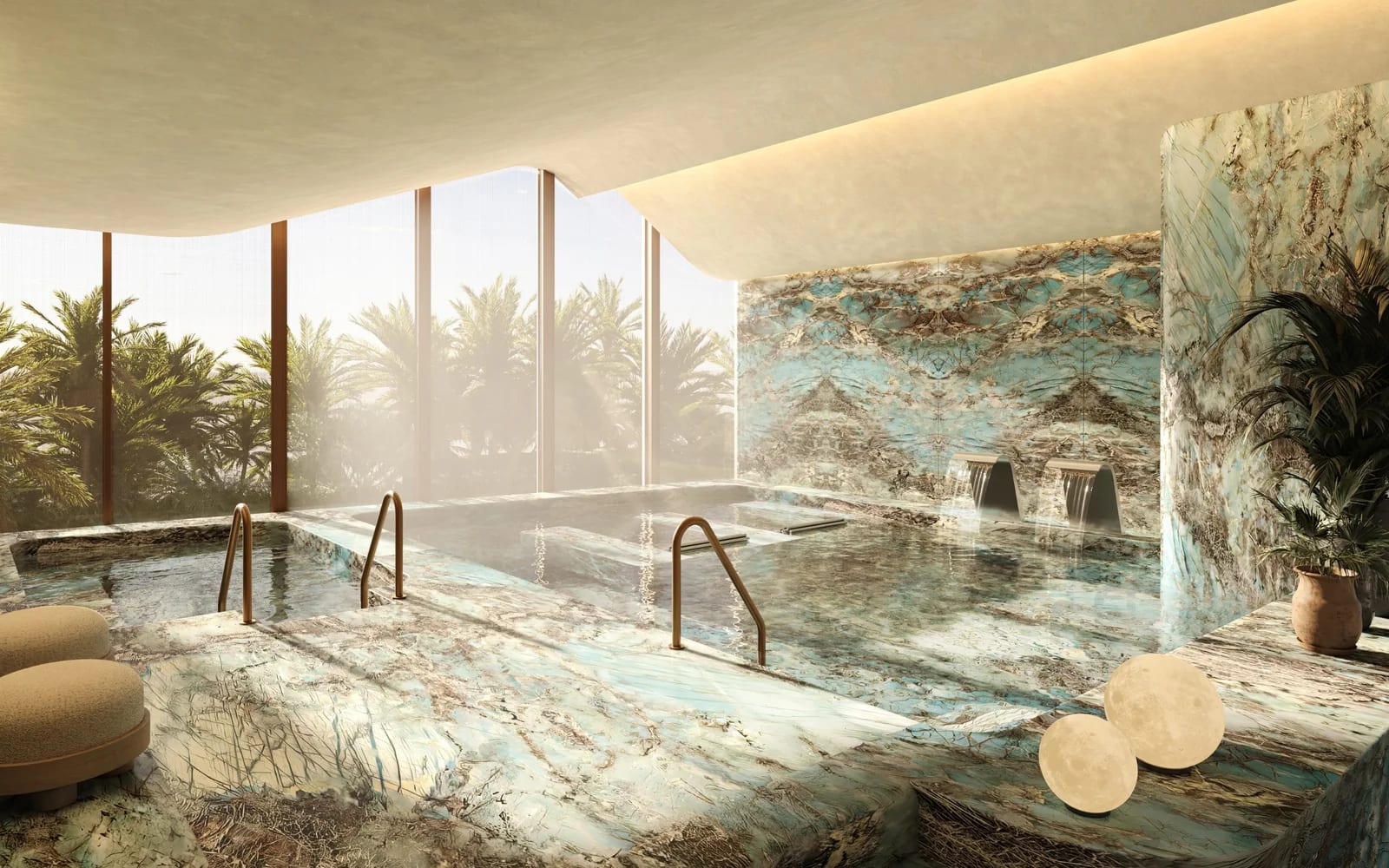 Six Senses Residences Dubai Marina developer rendering: indoor spa pool with stone walls and planting